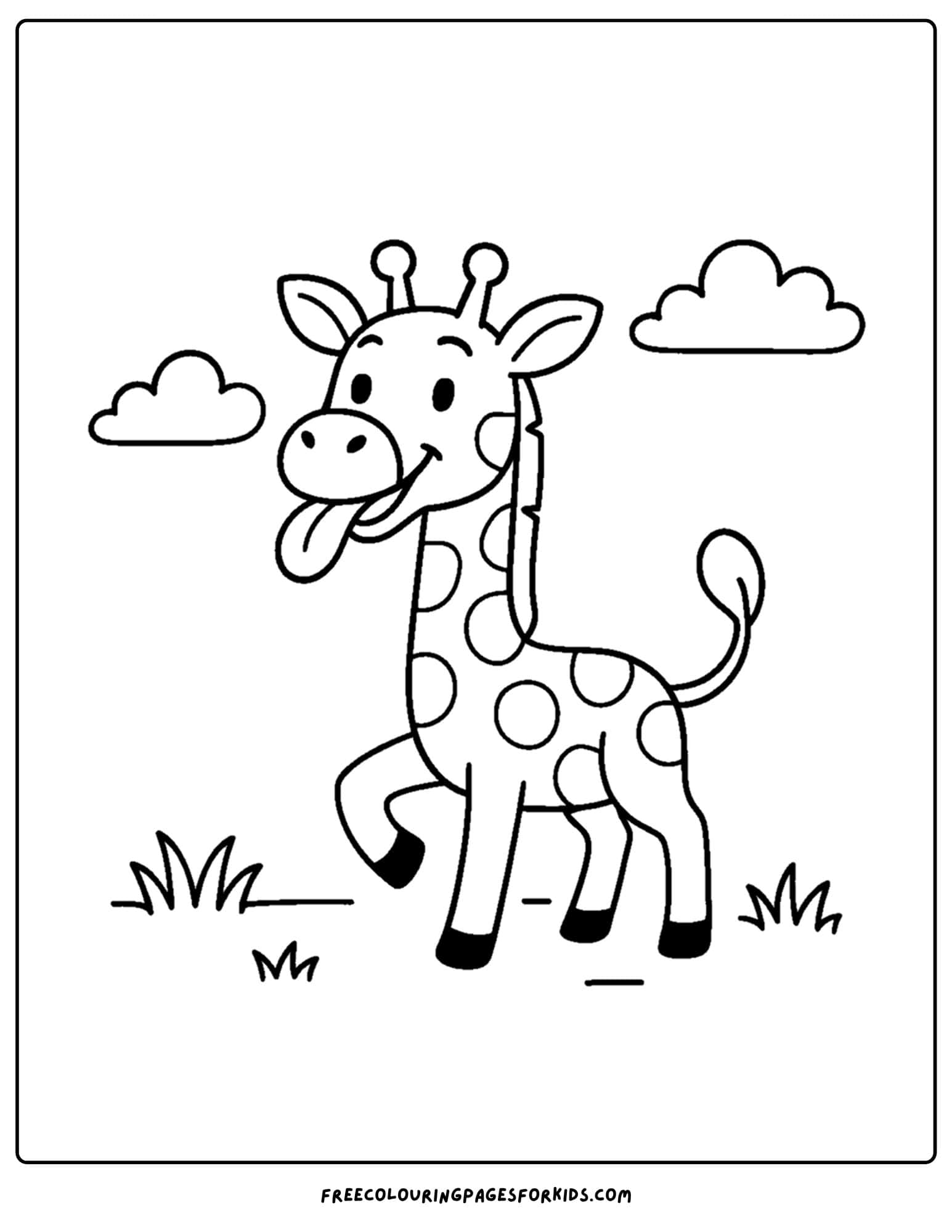 a coloring page featuring a giraffe sticking out its tongue
