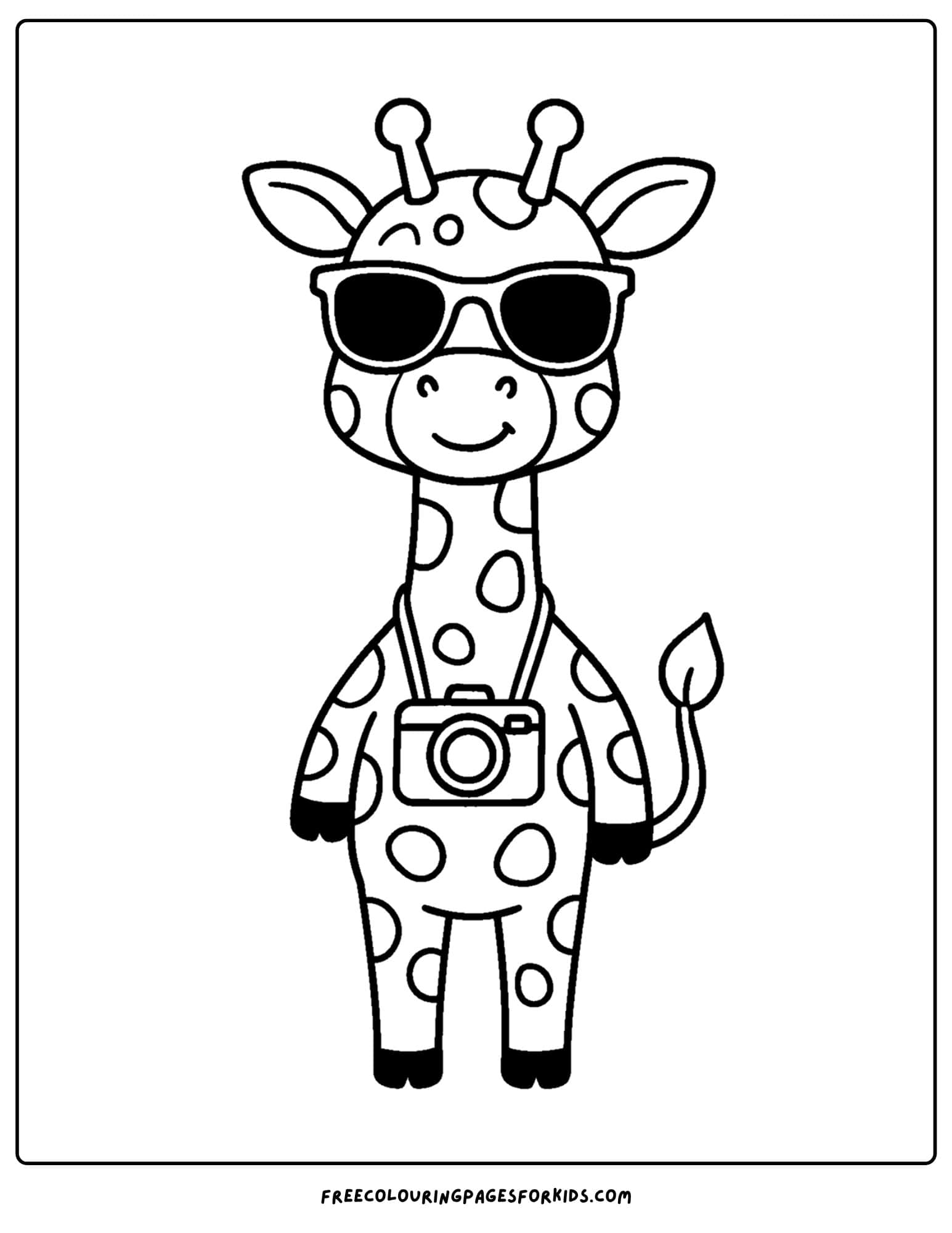 a coloring page featuring a giraffe dressed as a tourist with a camera and sunglasses