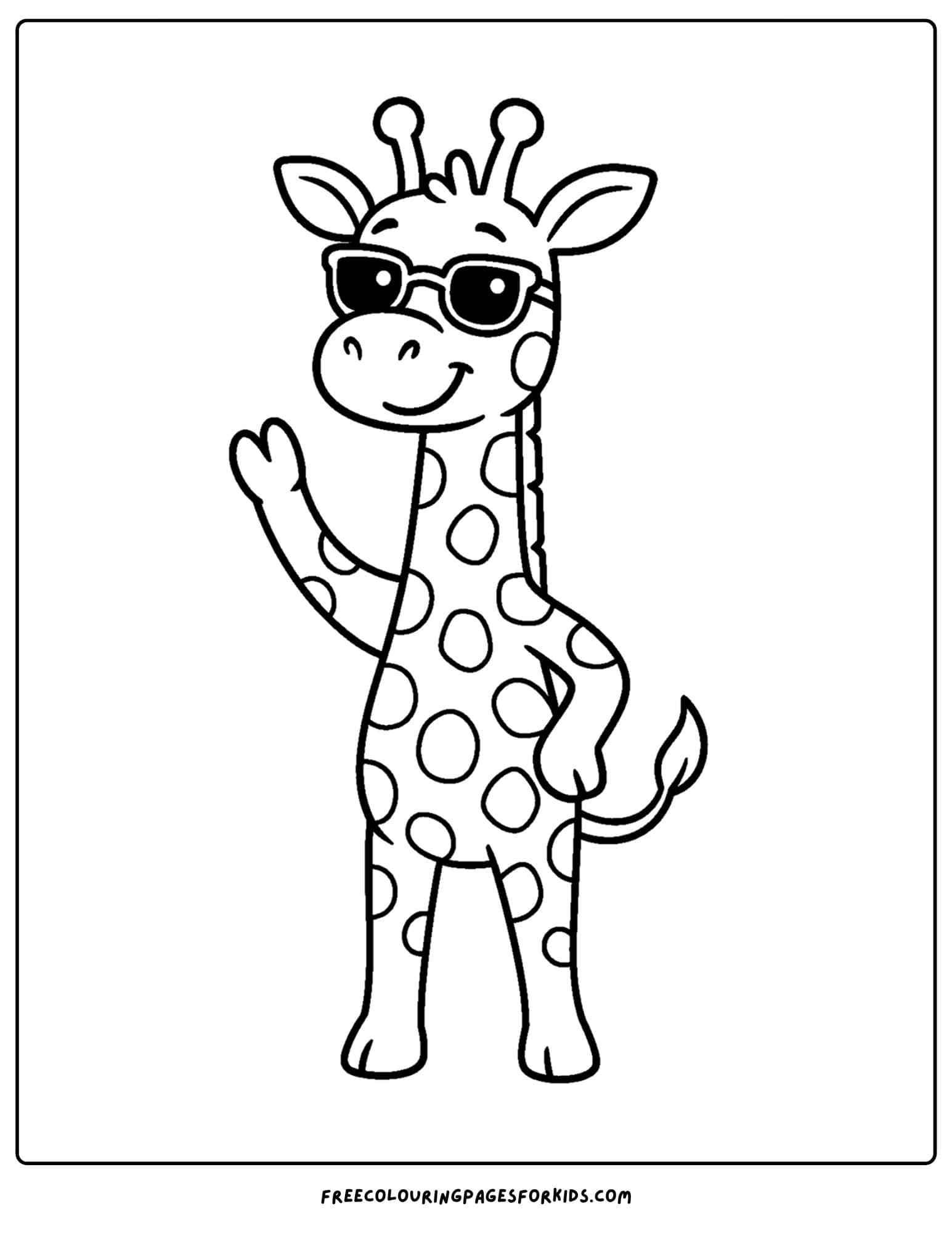 a coloring page featuring a giraffe waving while wearing sunglasses