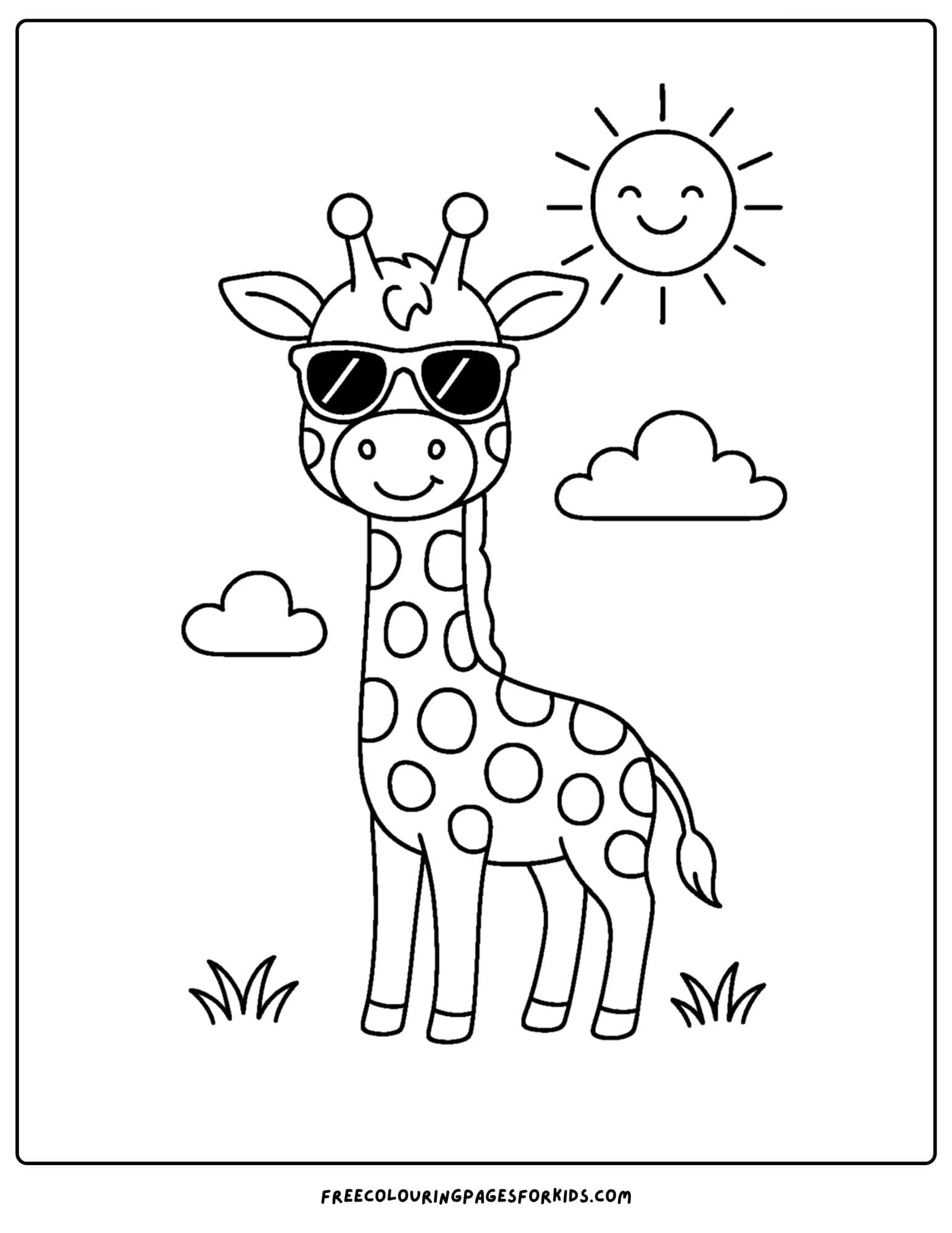 a coloring page featuring a giraffe wearing sunglasses in the sun