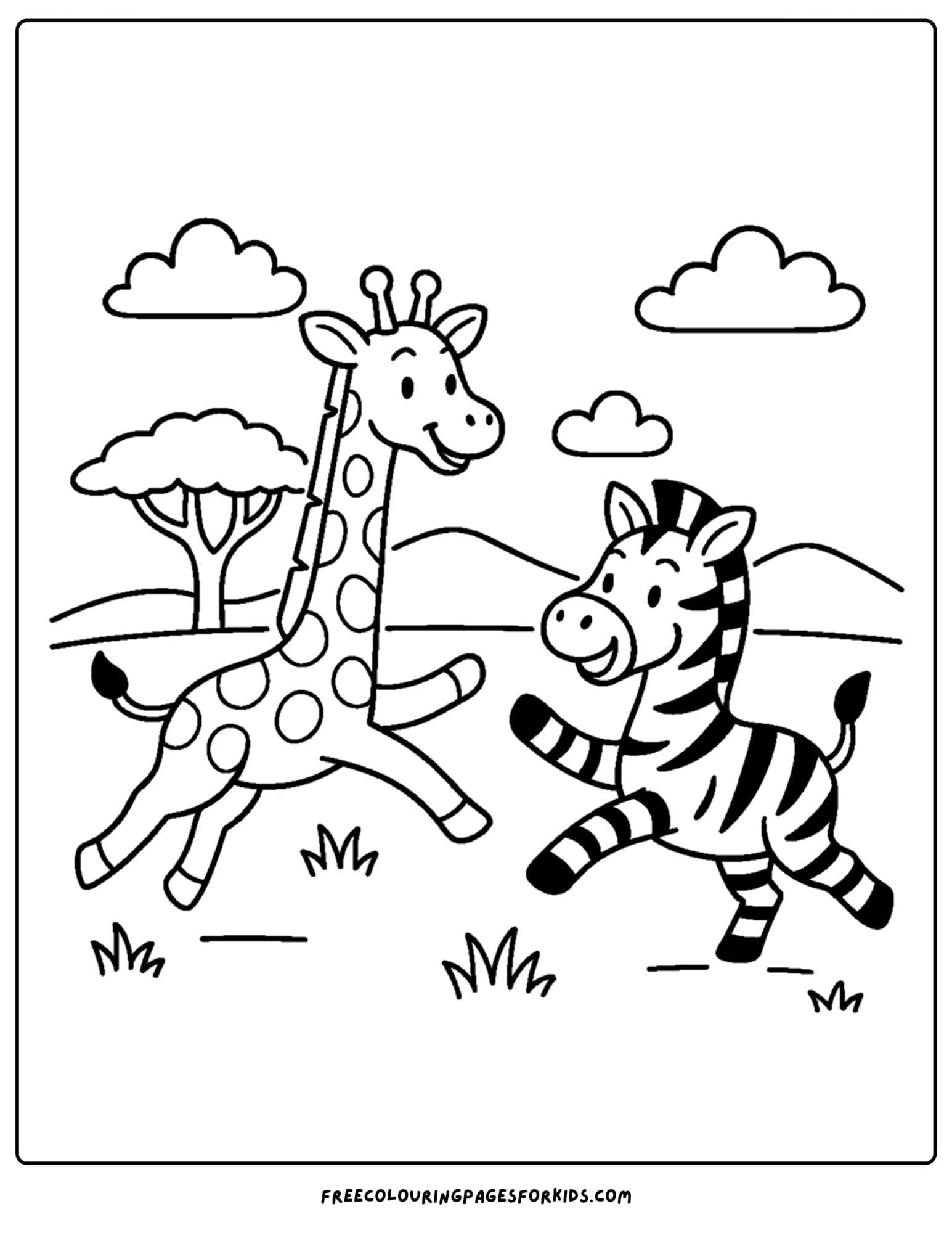 a coloring page featuring a giraffe playing tag with a zebra