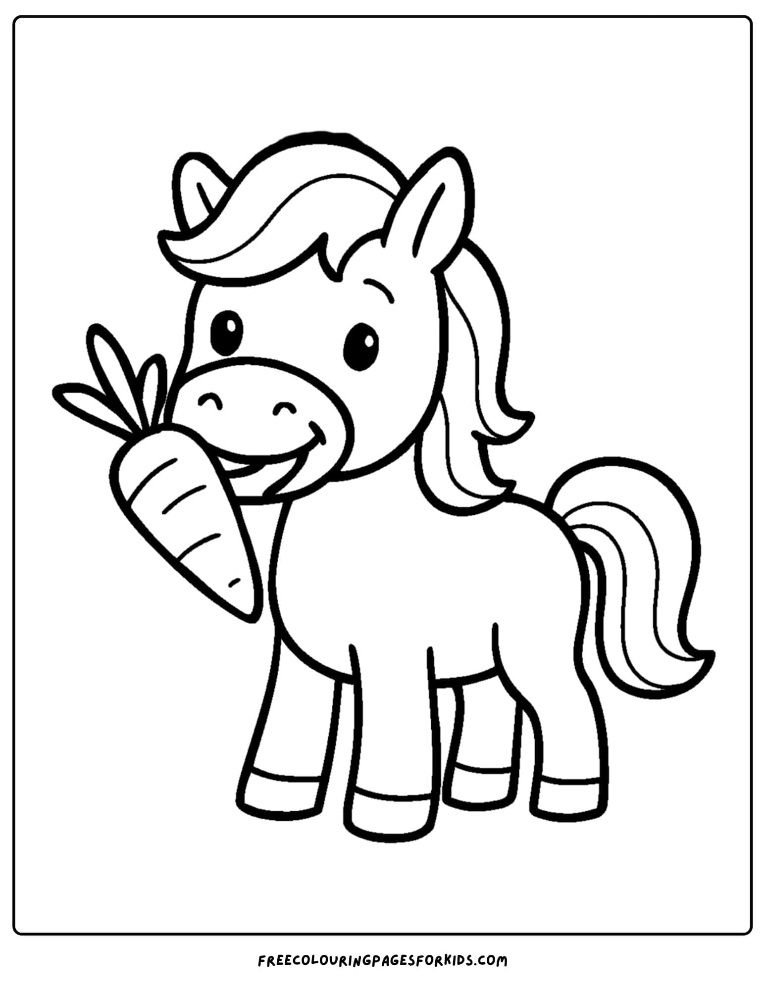 coloring page of a horse eating a carrot