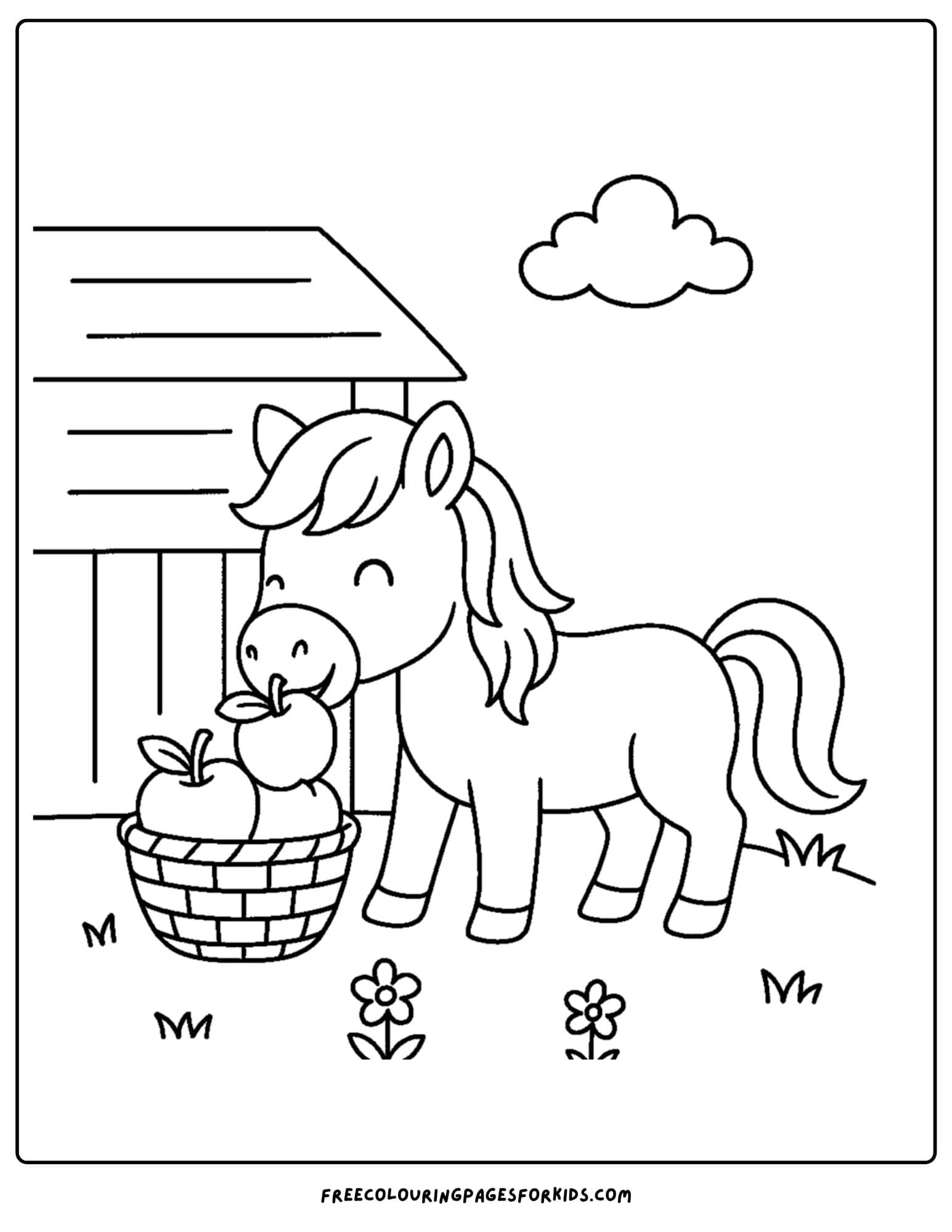 coloring page of a horse eating an apple