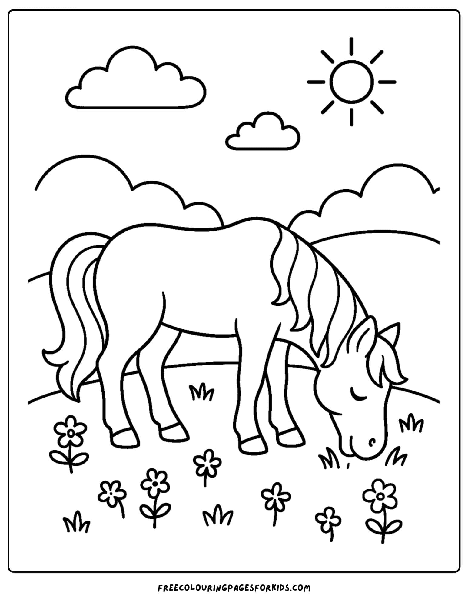 coloring page of a horse grazing in a meadow