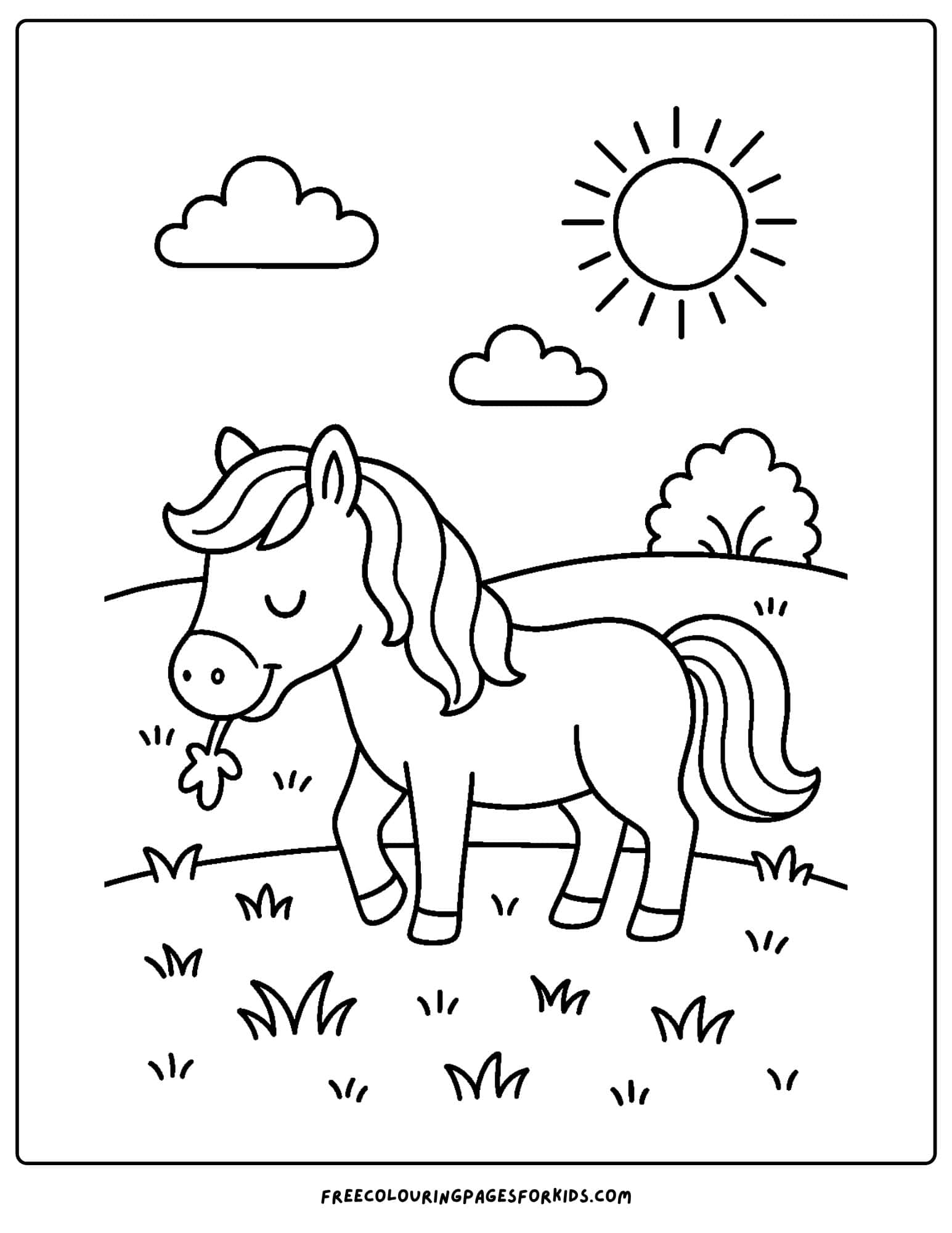 coloring page of a horse grazing in the sun