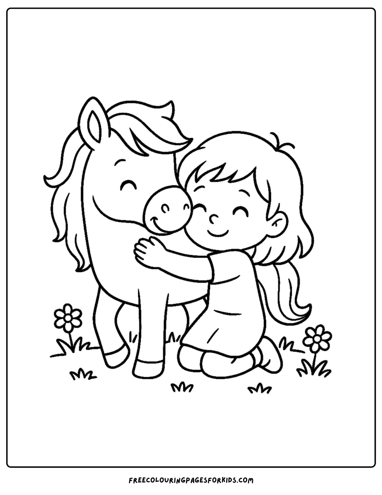 coloring page of a horse being hugged by a girl