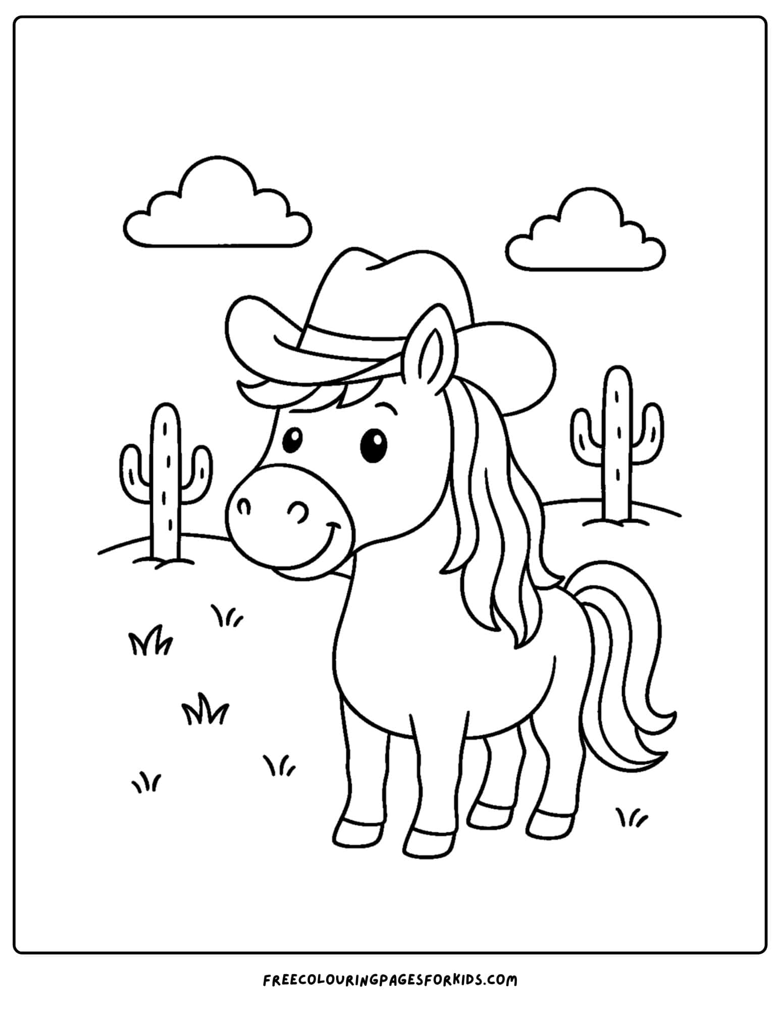 coloring page of a horse wearing a cowboy hat