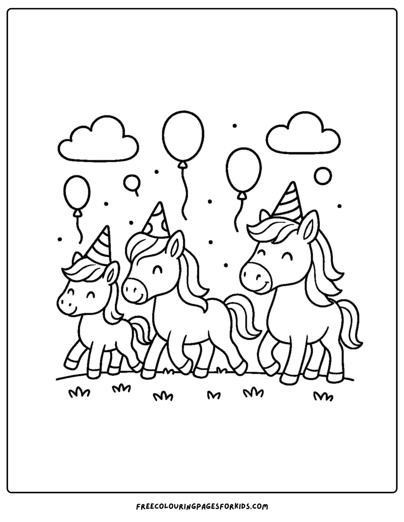 coloring page of horses wearing party hats