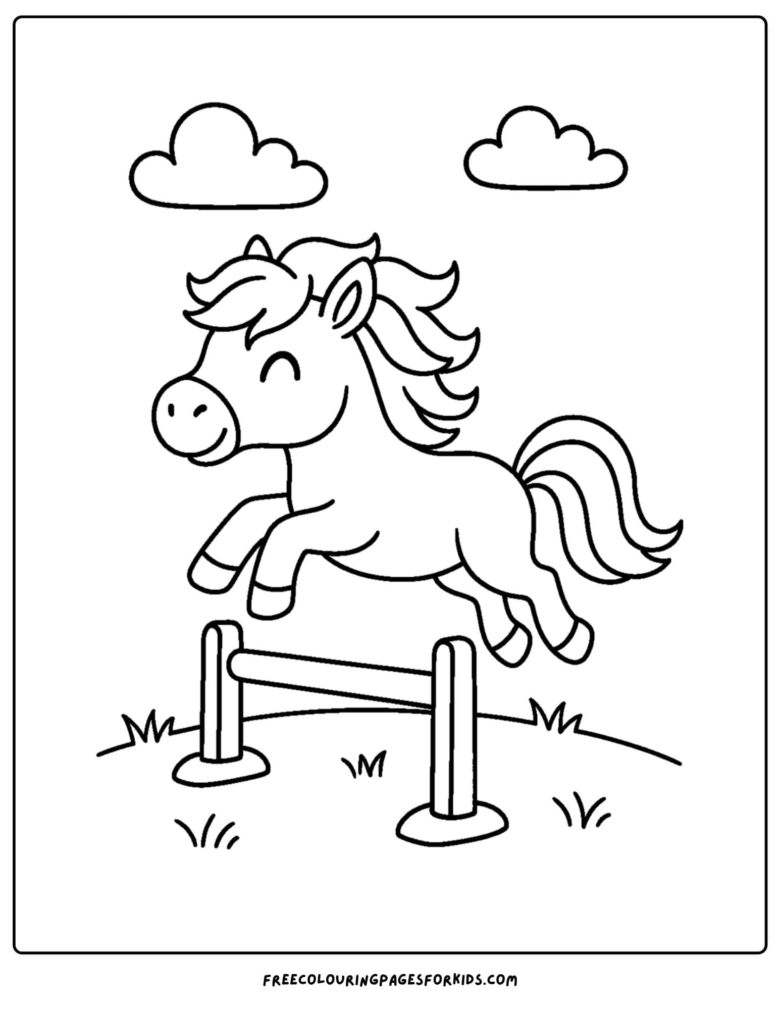 coloring page of a horse jumping over a fence