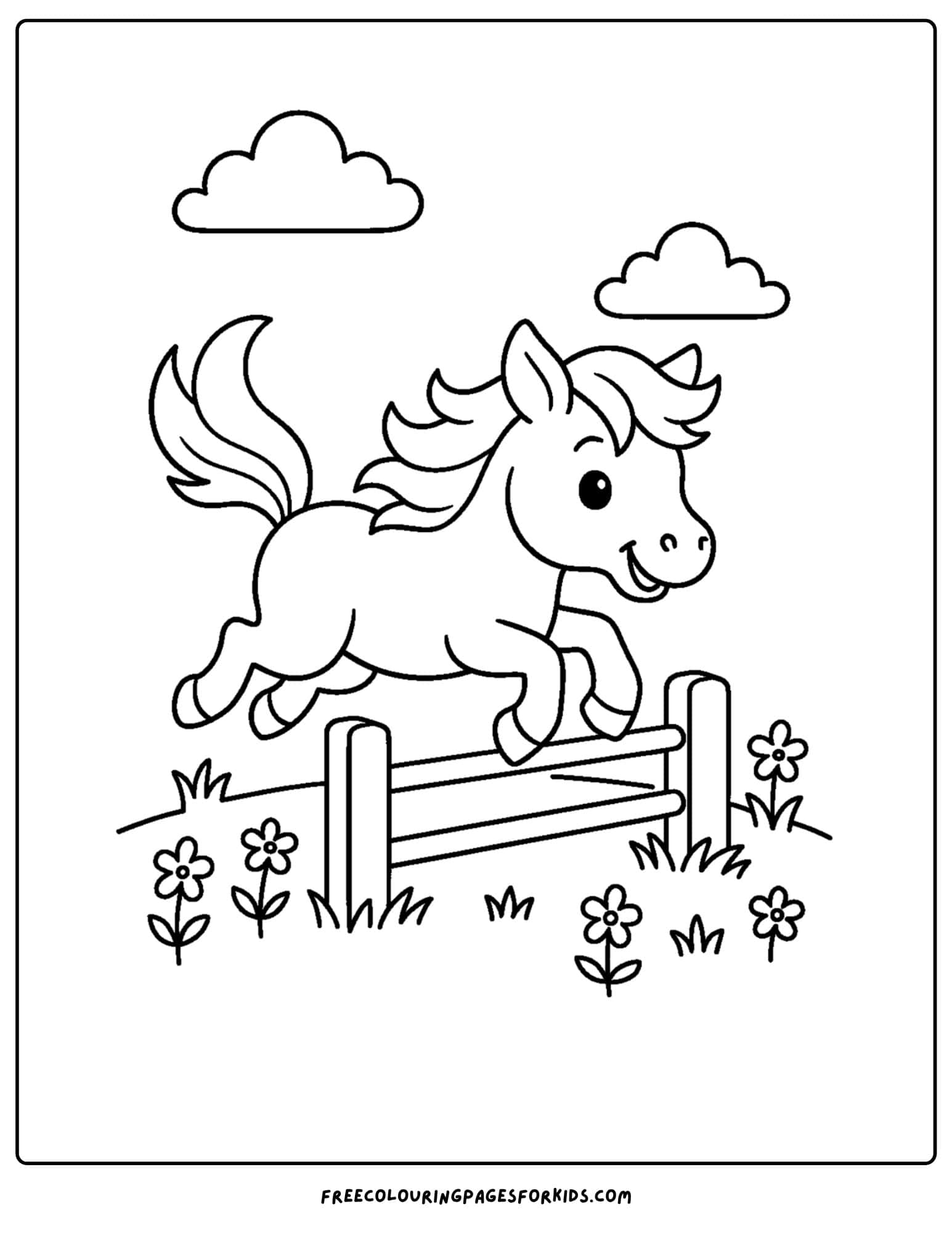 coloring page of a horse jumping over a fence