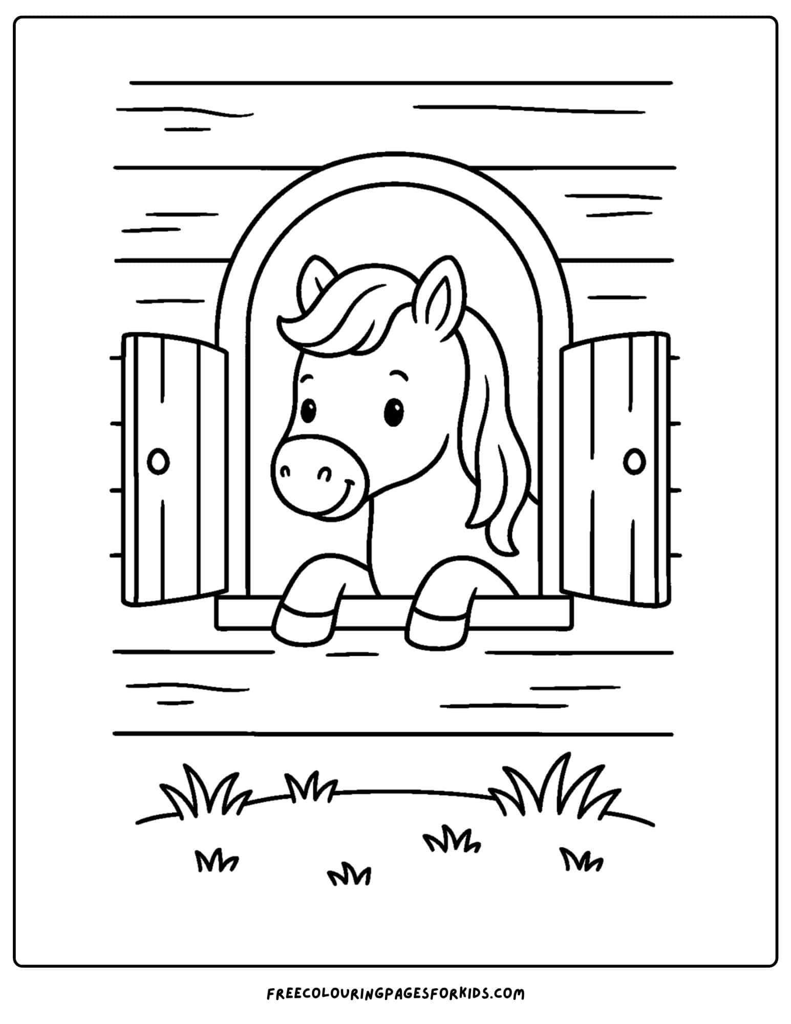 coloring page of a horse looking out a stable window