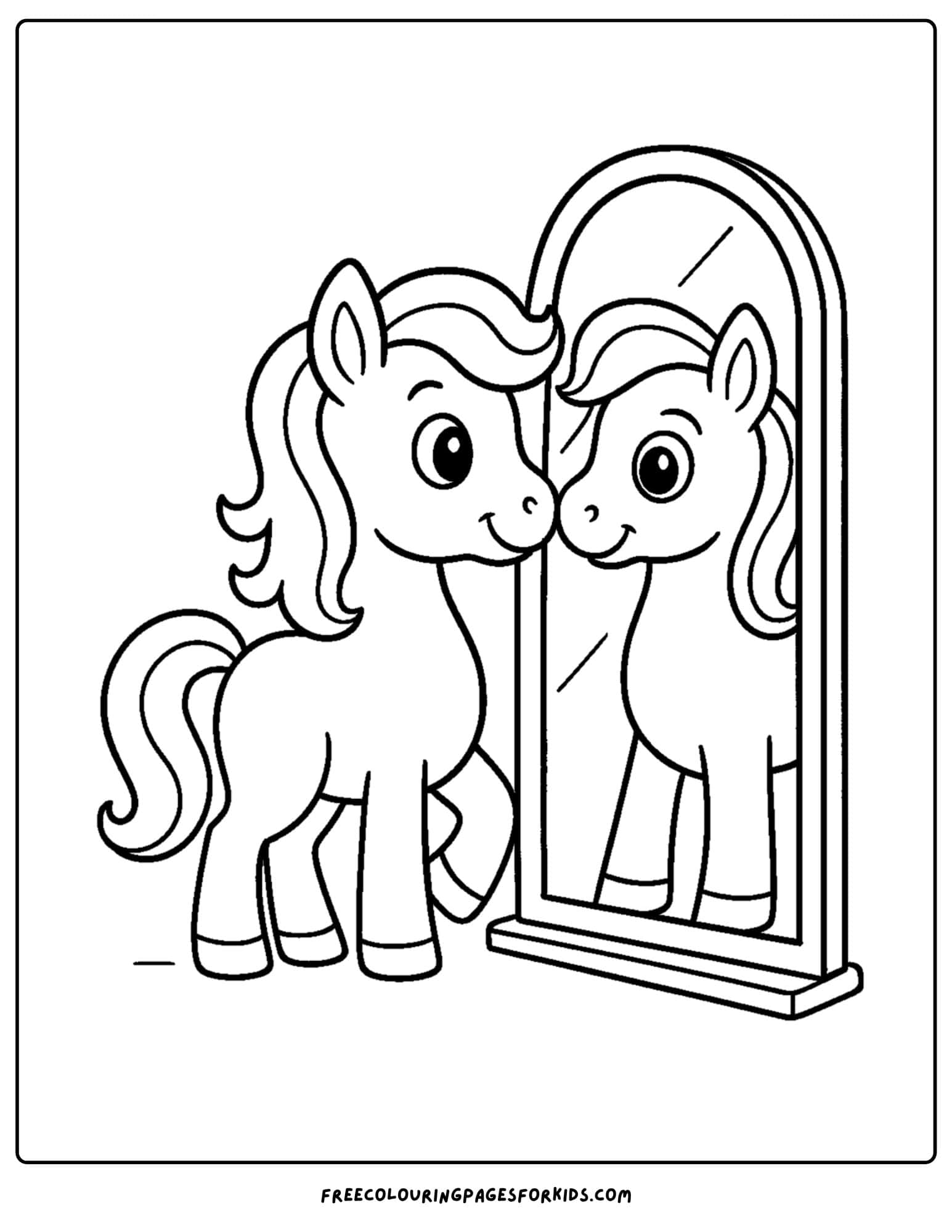 coloring page of a horse looking into a mirror