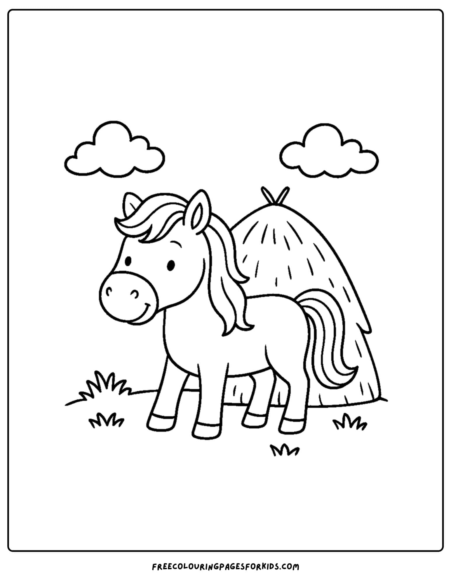 coloring page of a horse near a haystack
