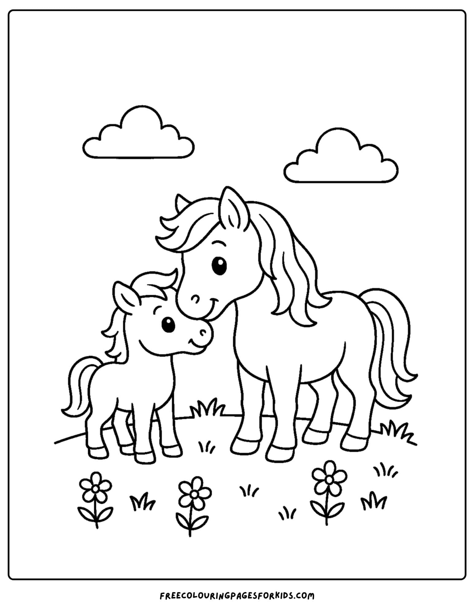 coloring page of a horse nuzzling its mama
