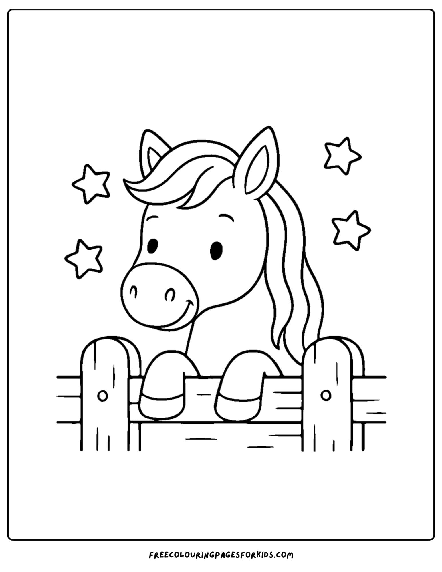 coloring page of a horse peaking over a fence