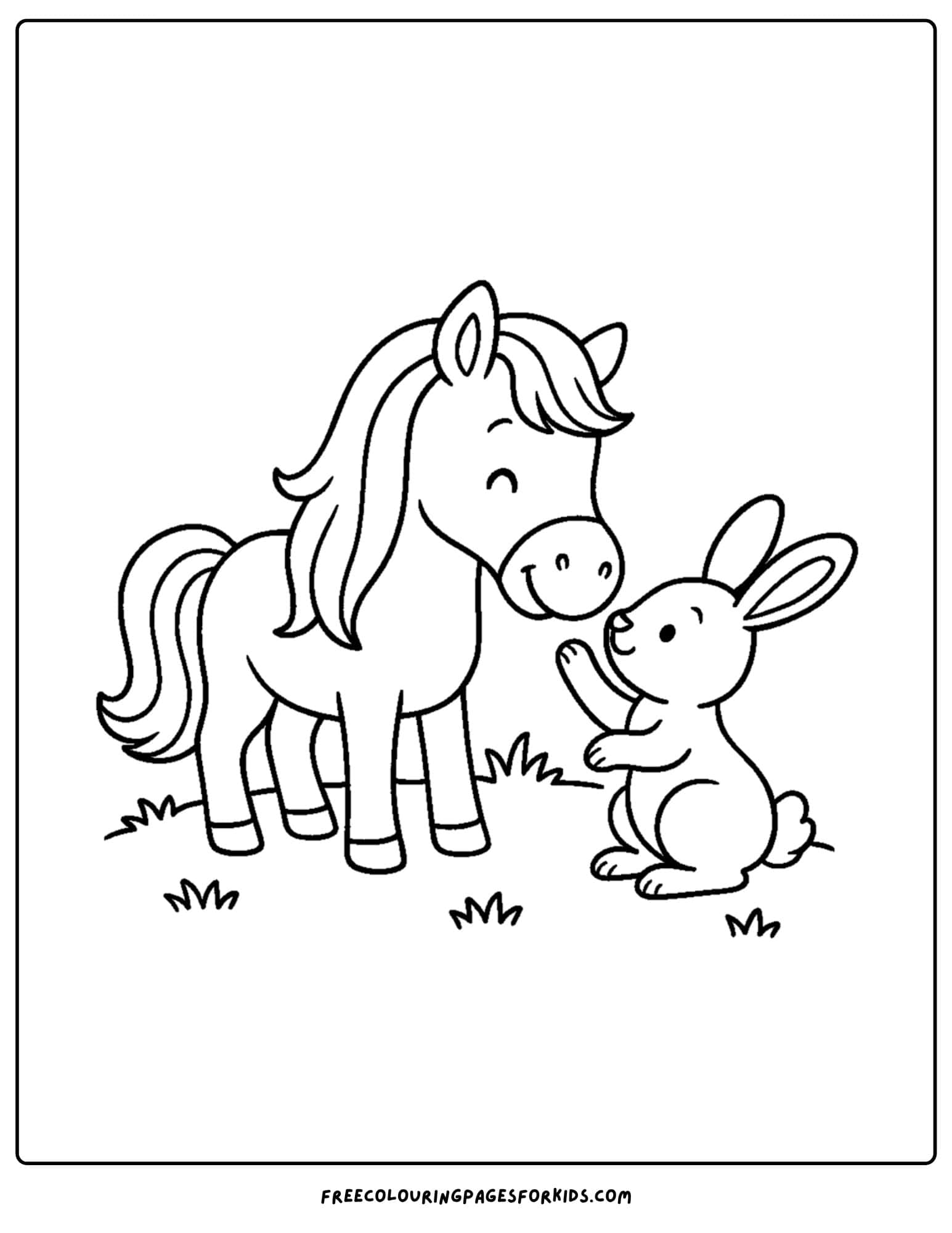 coloring page of a horse playing with a bunny