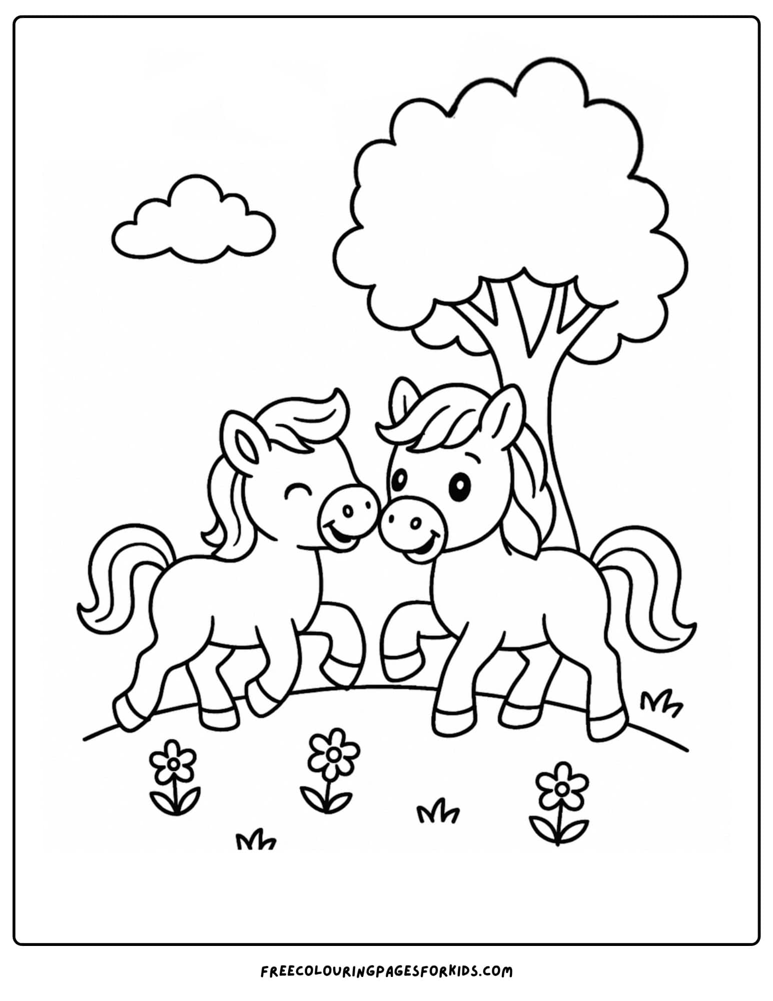 coloring page of a horse playing with a friend