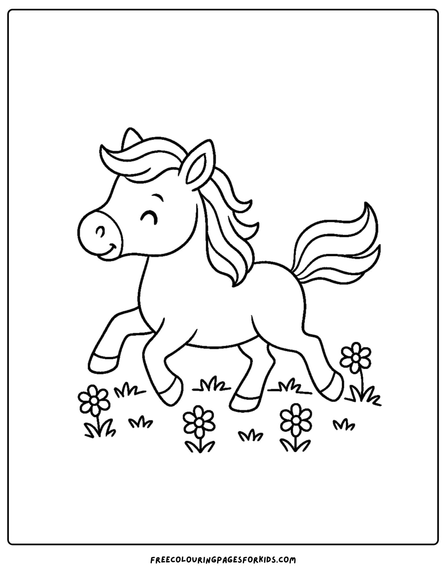 coloring page of a horse prancing among flowers