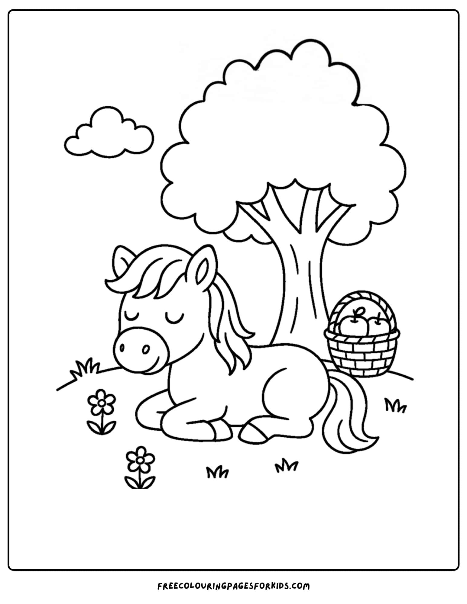 coloring page of a horse resting under a tree