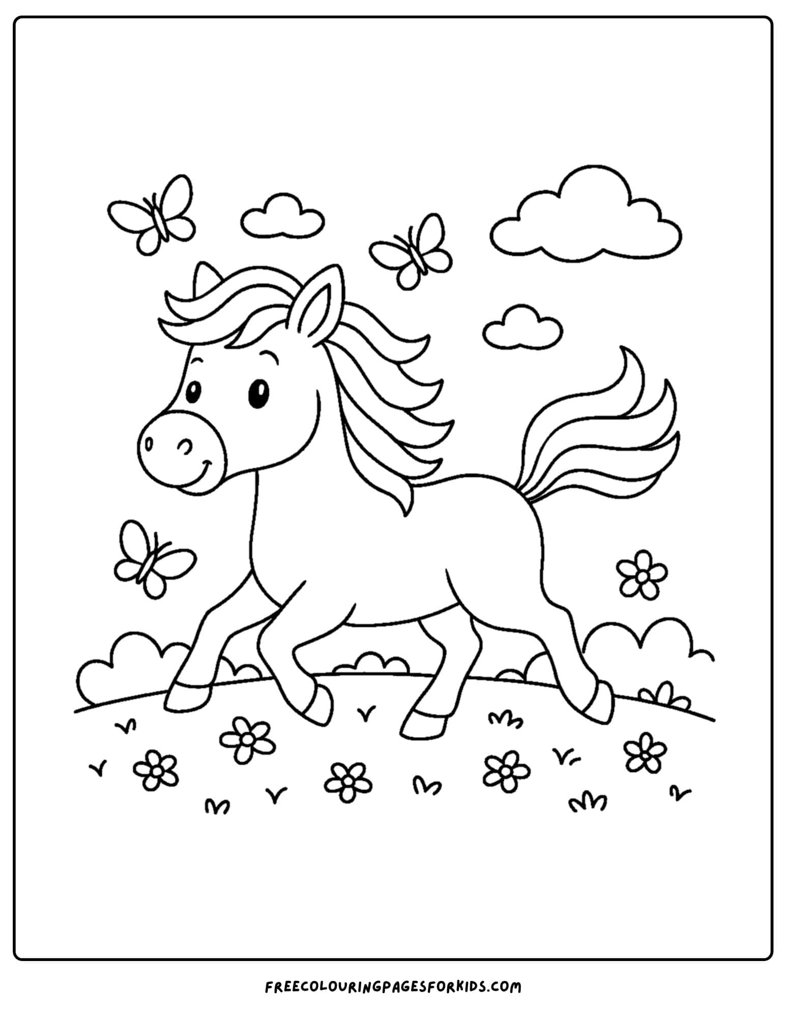 coloring page of a horse running with butterflies around