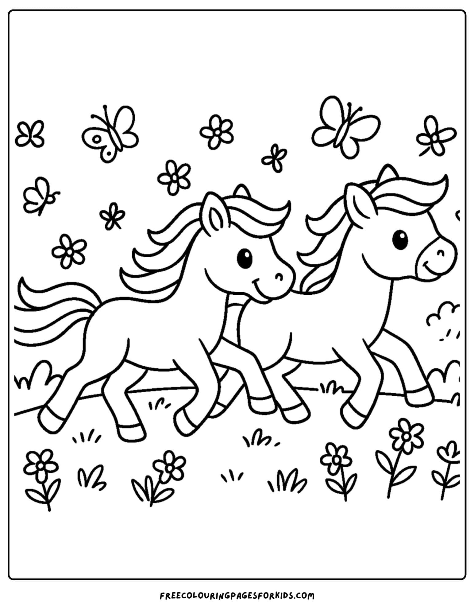 coloring page of horses running and butterflies around