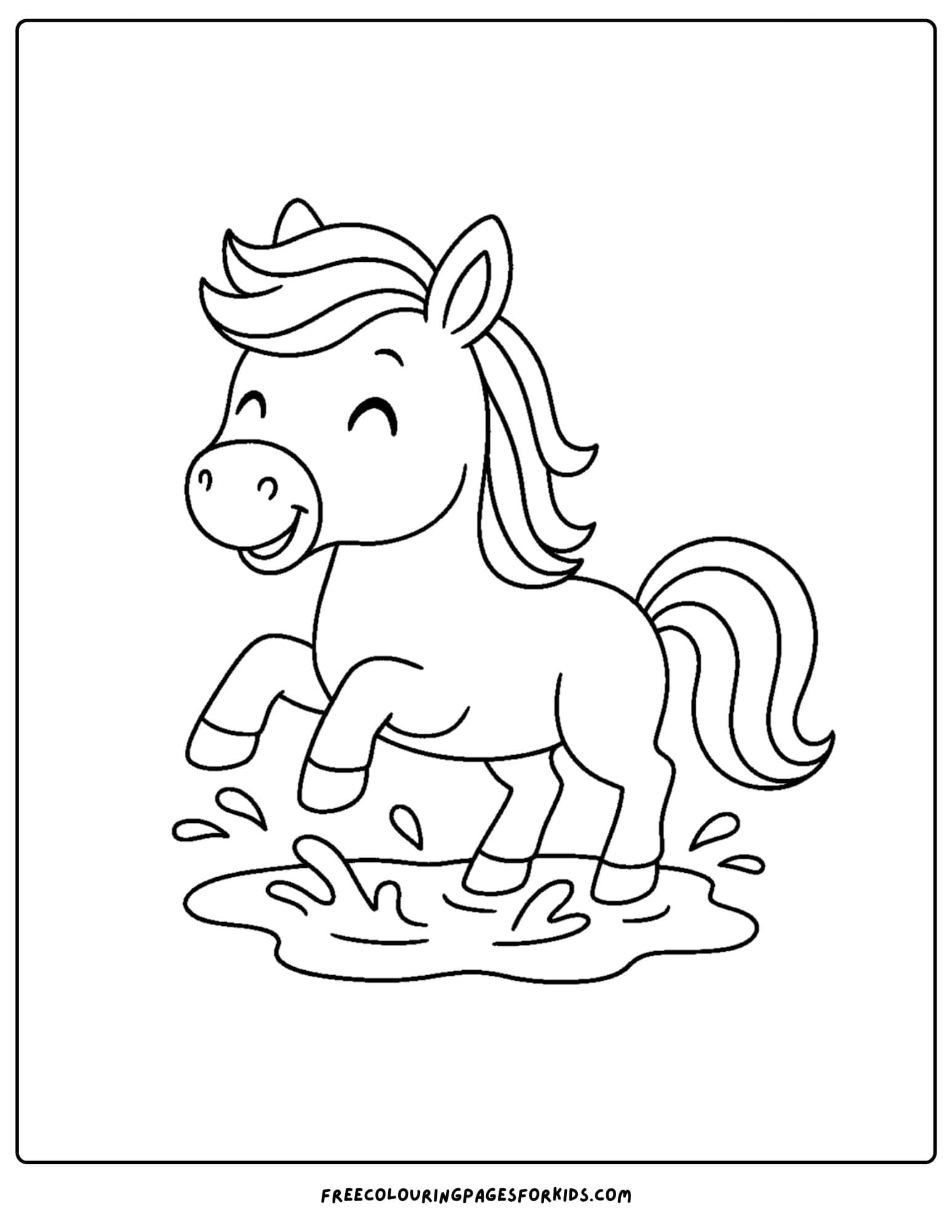 coloring page of a horse splashing in a puddle