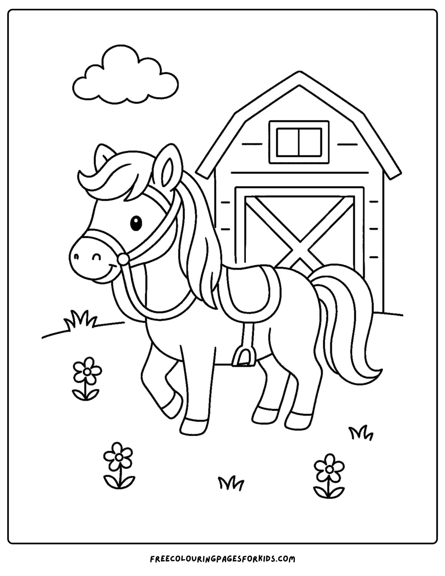 coloring page of a horse standing by a stable