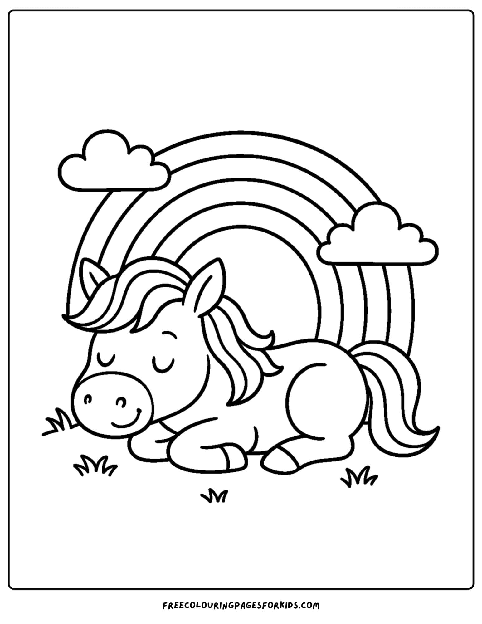 coloring page of a horse sleeping under a rainbow