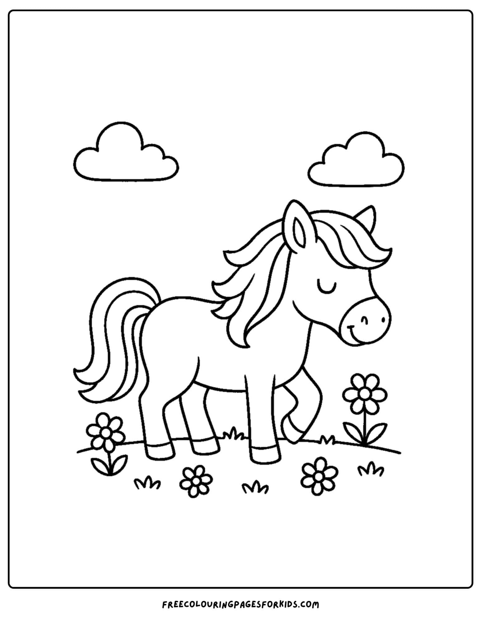 coloring page of a horse walking in a field