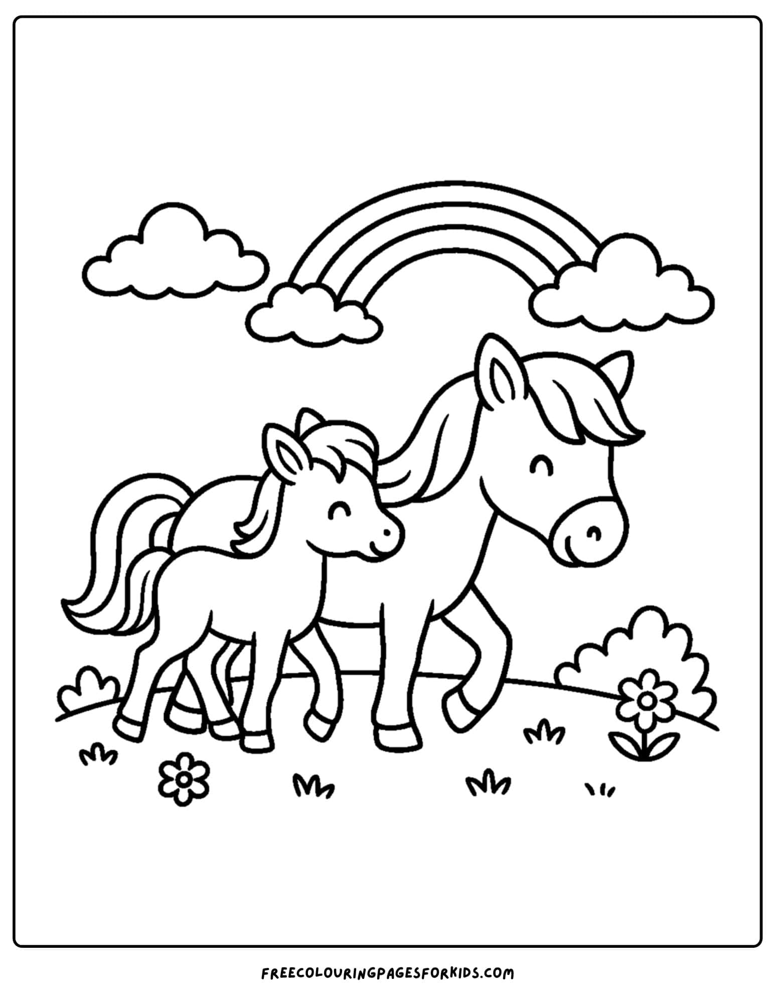 coloring page of a horse walking with a foal