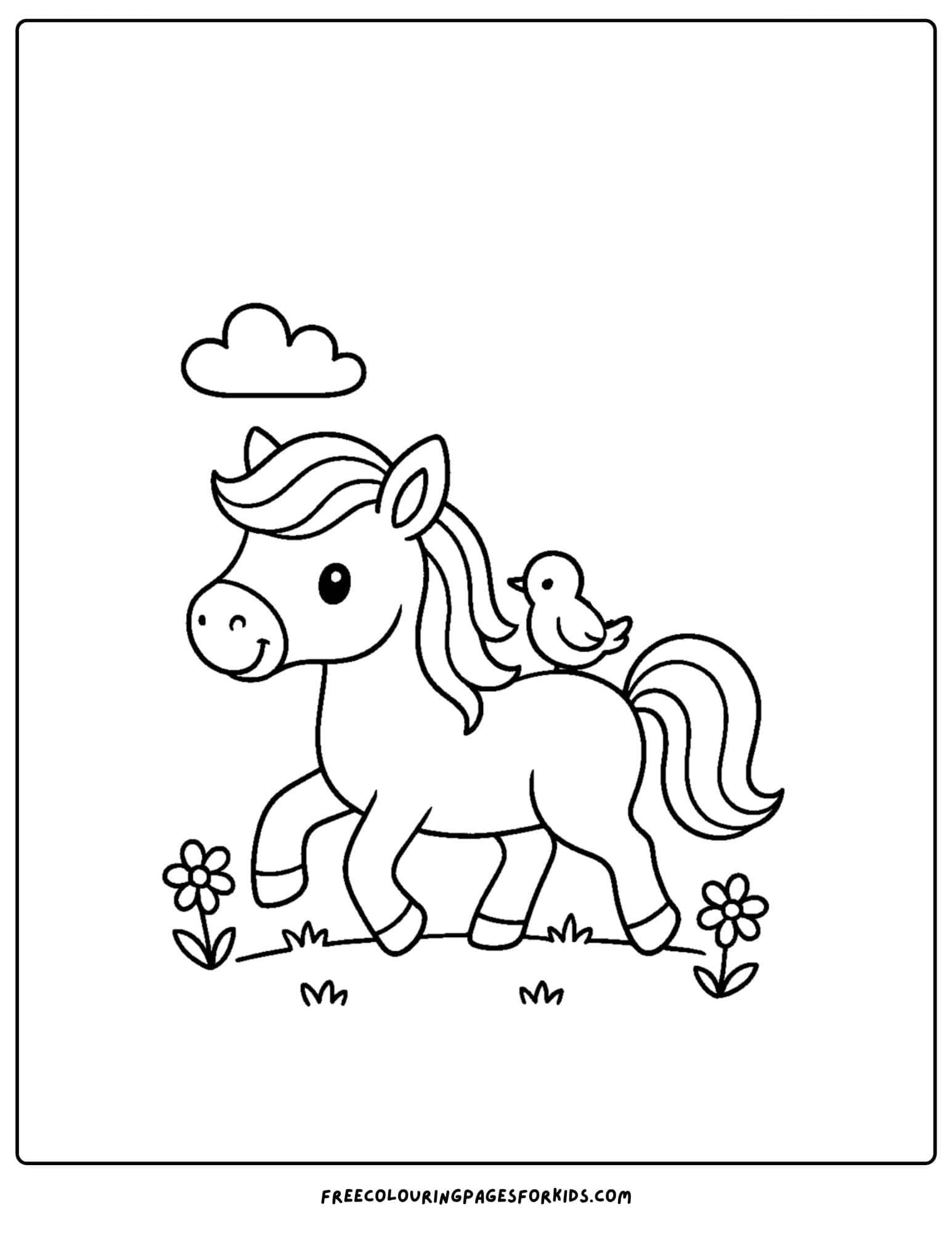 coloring page of a horse with a bird on its back