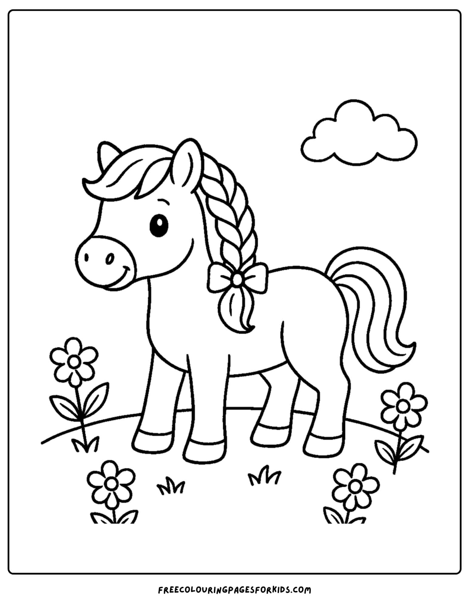 coloring page of a horse with a braided mane