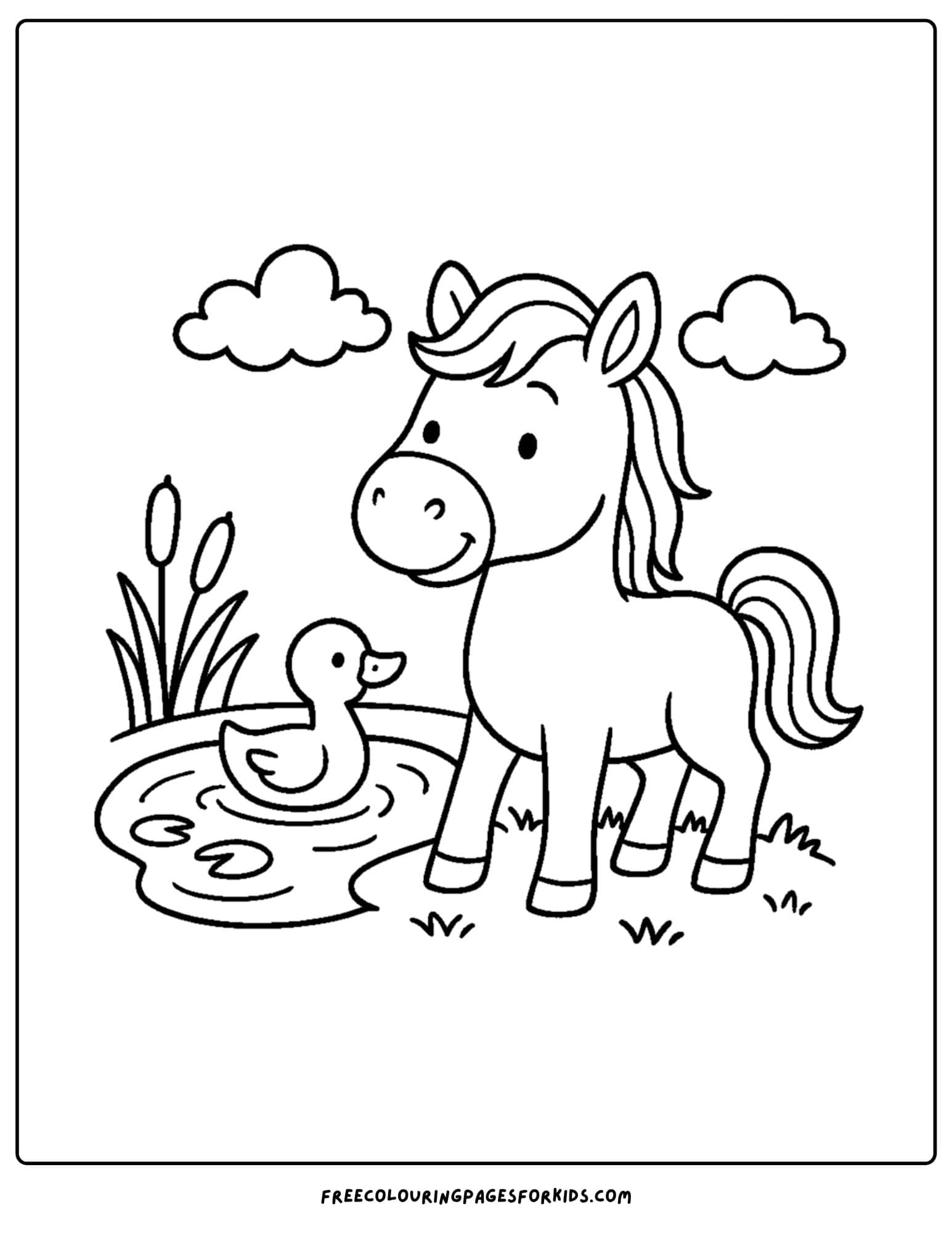 coloring page of a horse and a duck in a pond
