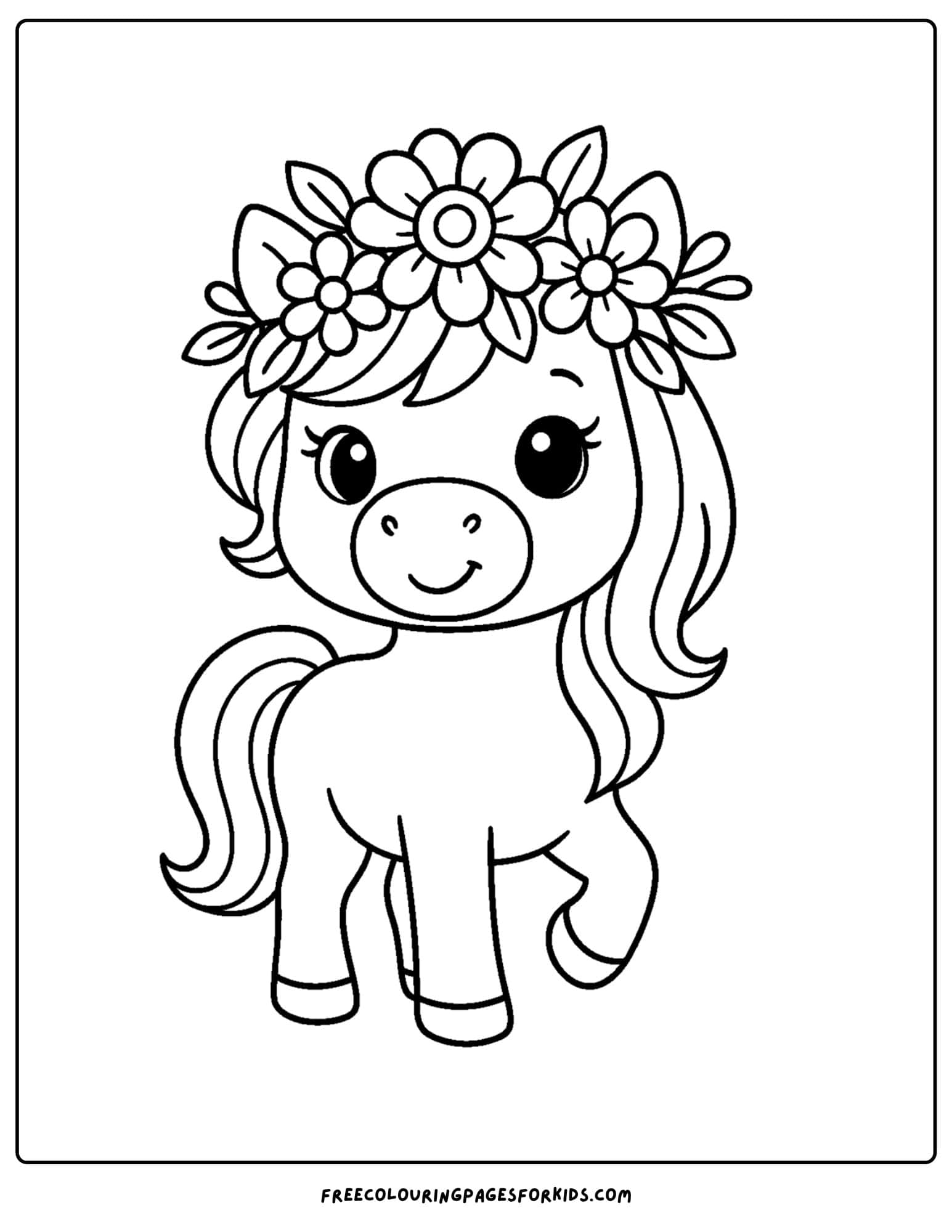 coloring page of a horse wearing a flower crown