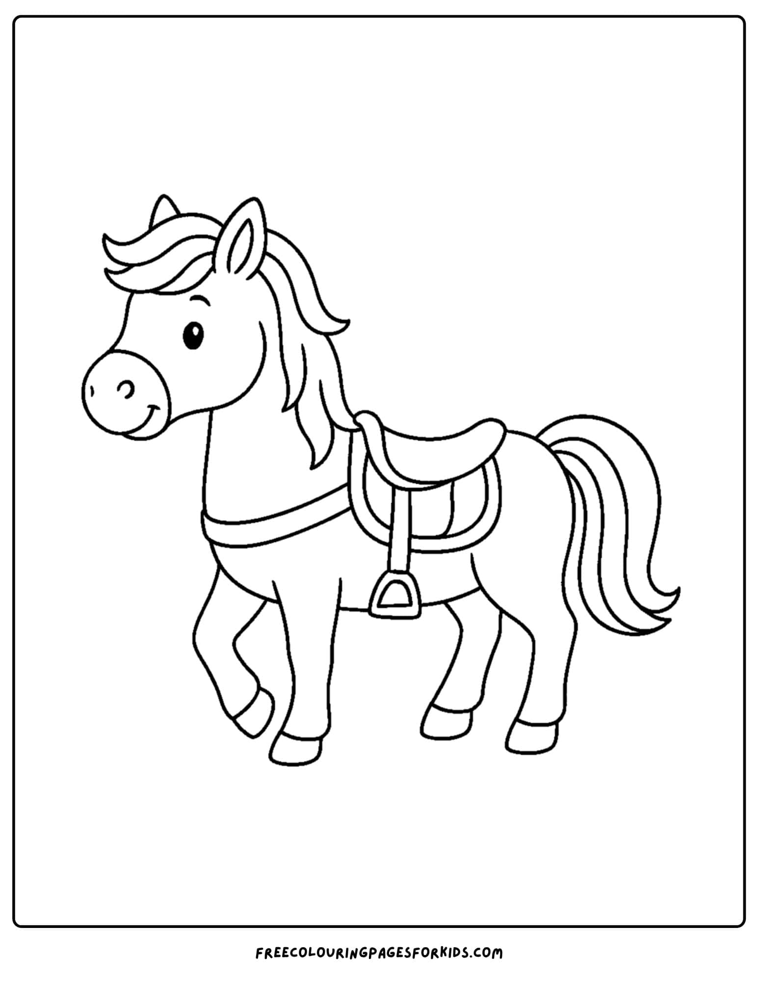 coloring page of a horse saddled ready for riding