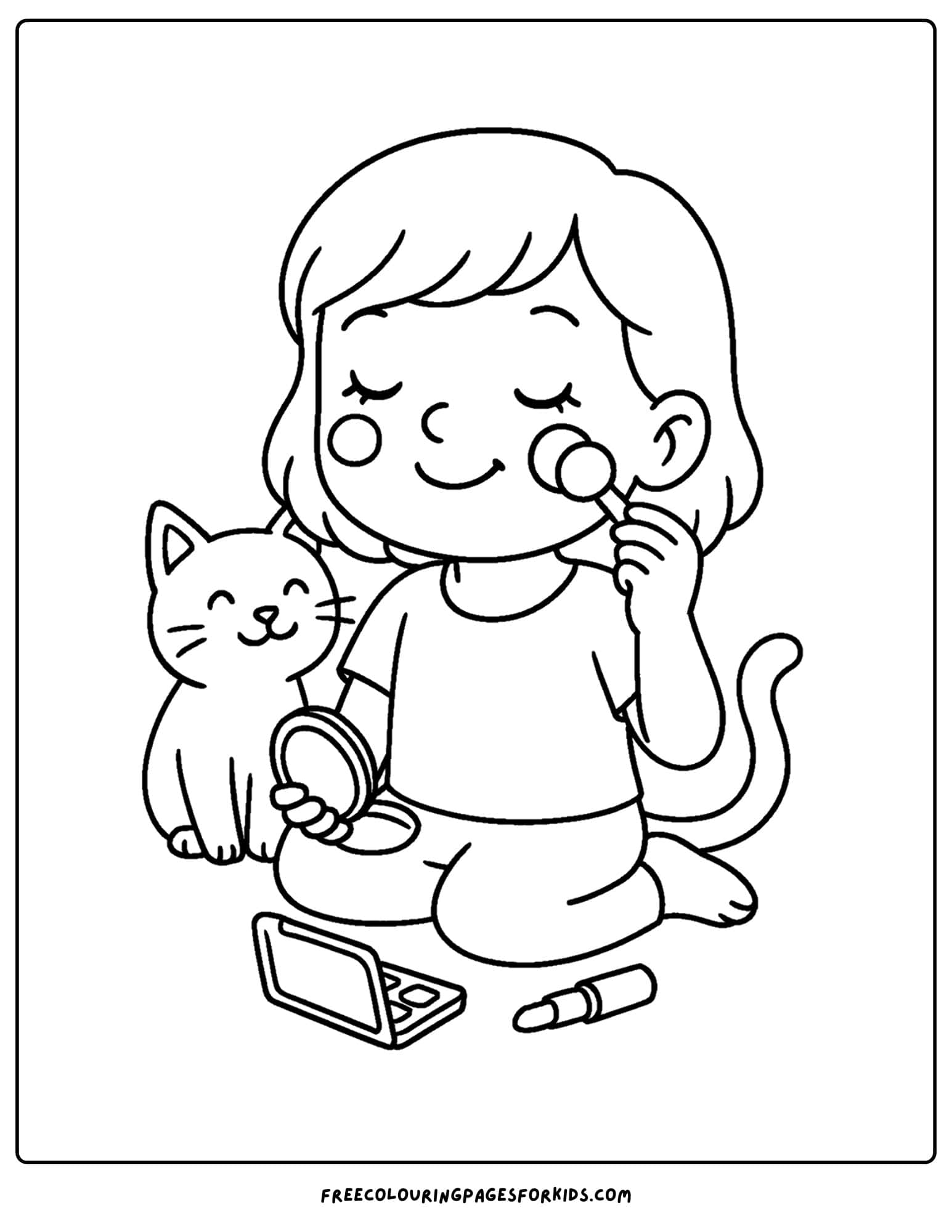 a girl doing makeup with her pet cat