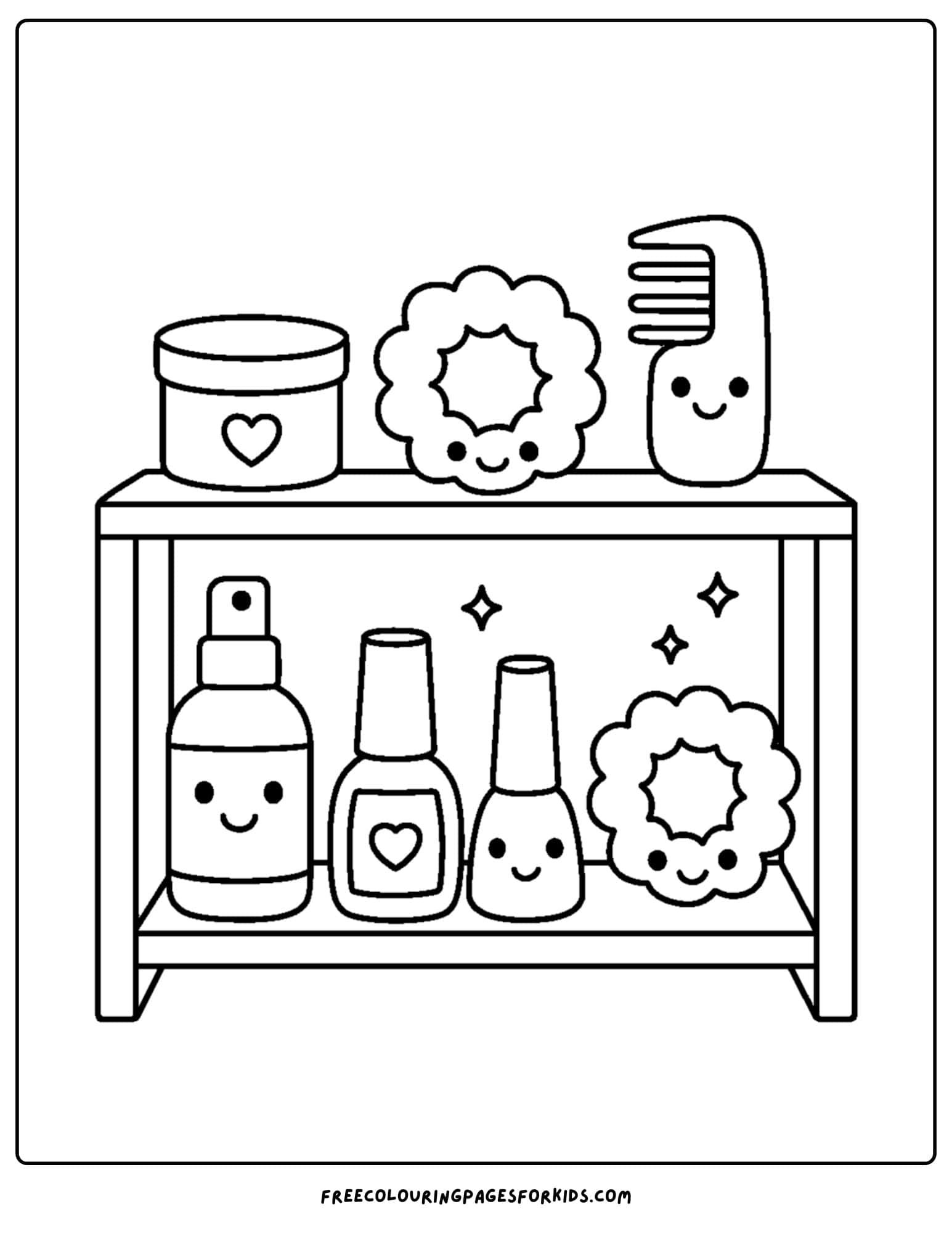 a makeup shelf with scrunchies and other items