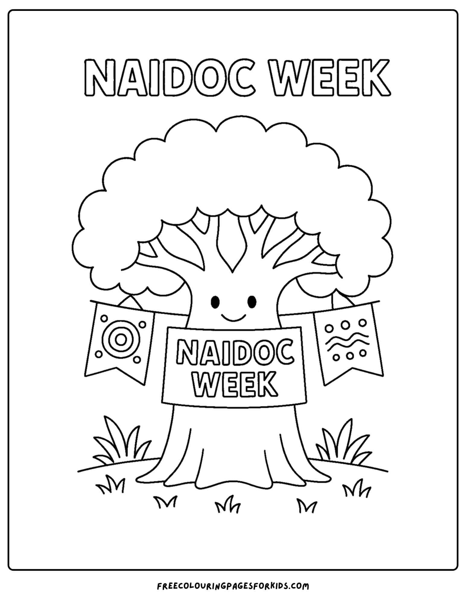 a naidoc week coloring page featuring a boab tree with flags in it