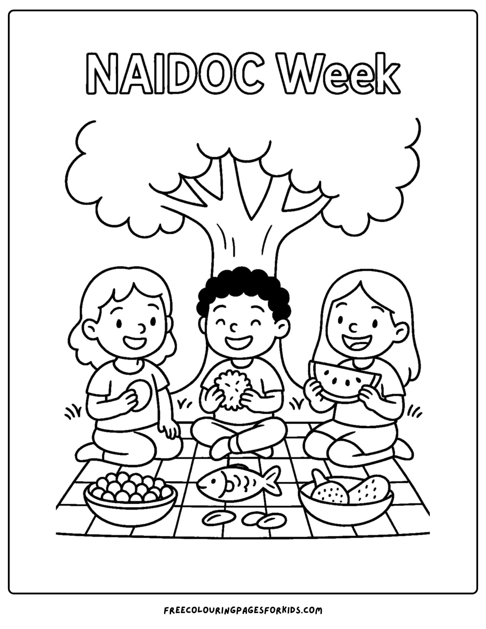 a naidoc week coloring page featuring kids eating bush tucker
