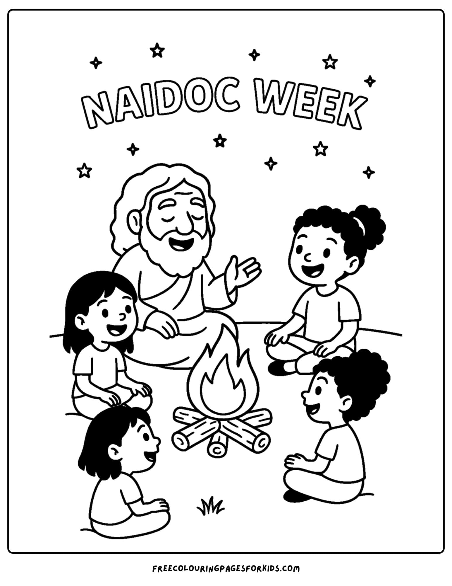 a naidoc week coloring page featuring an elder telling a story by a campfire
