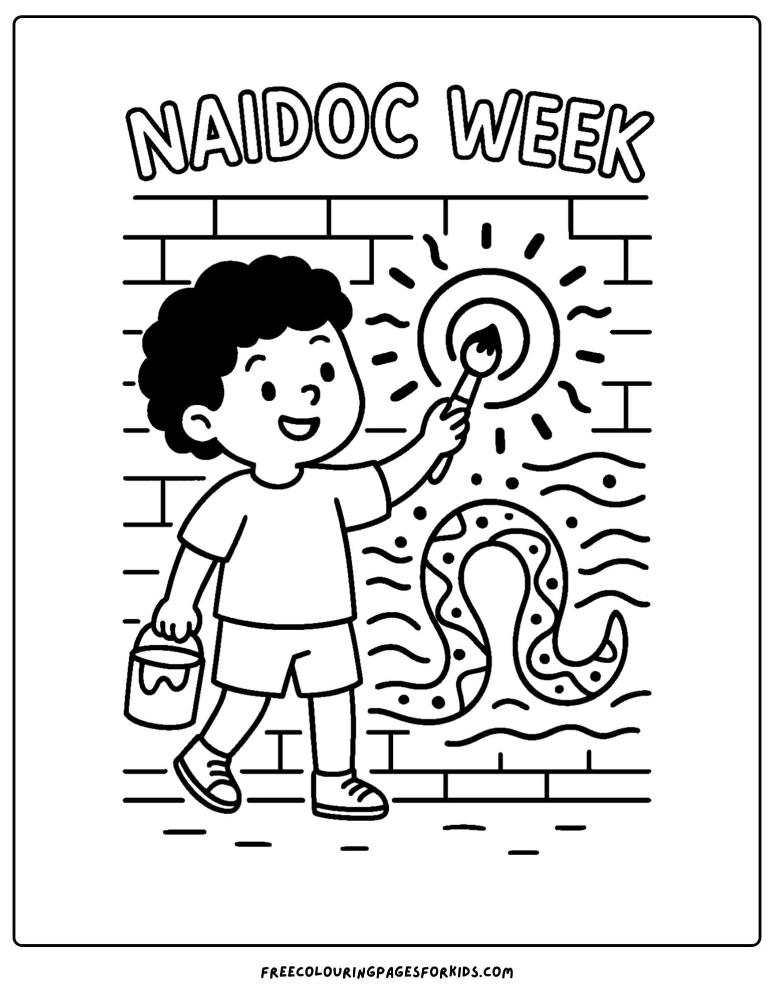 a naidoc week coloring page featuring a child painting a mural