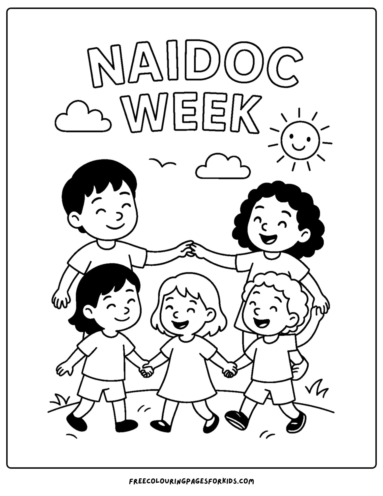 a naidoc week coloring page featuring children holding hands