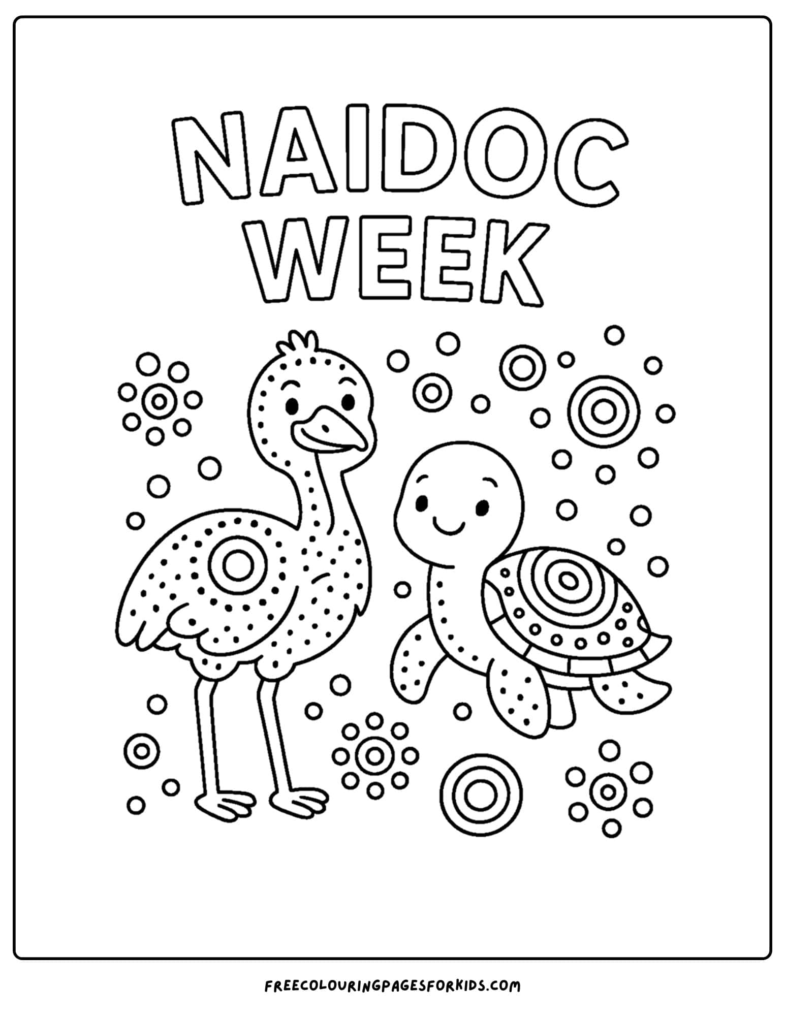 a naidoc week coloring page featuring an emu and turtle