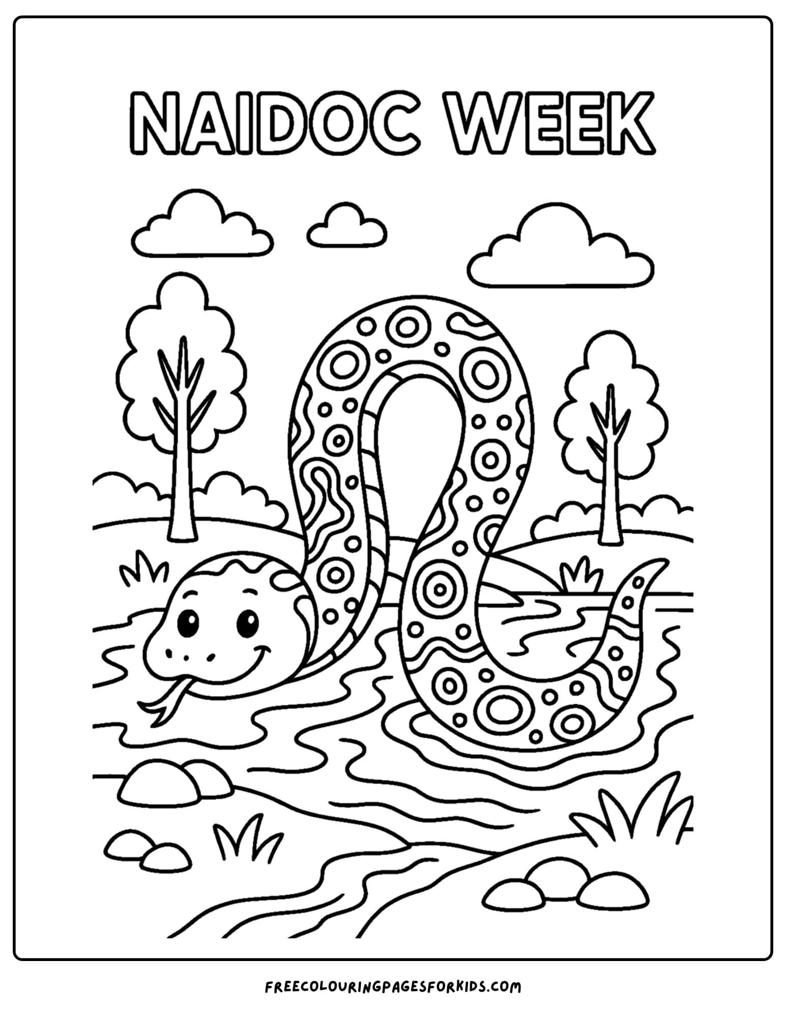 a naidoc week coloring page featuring a river serpent
