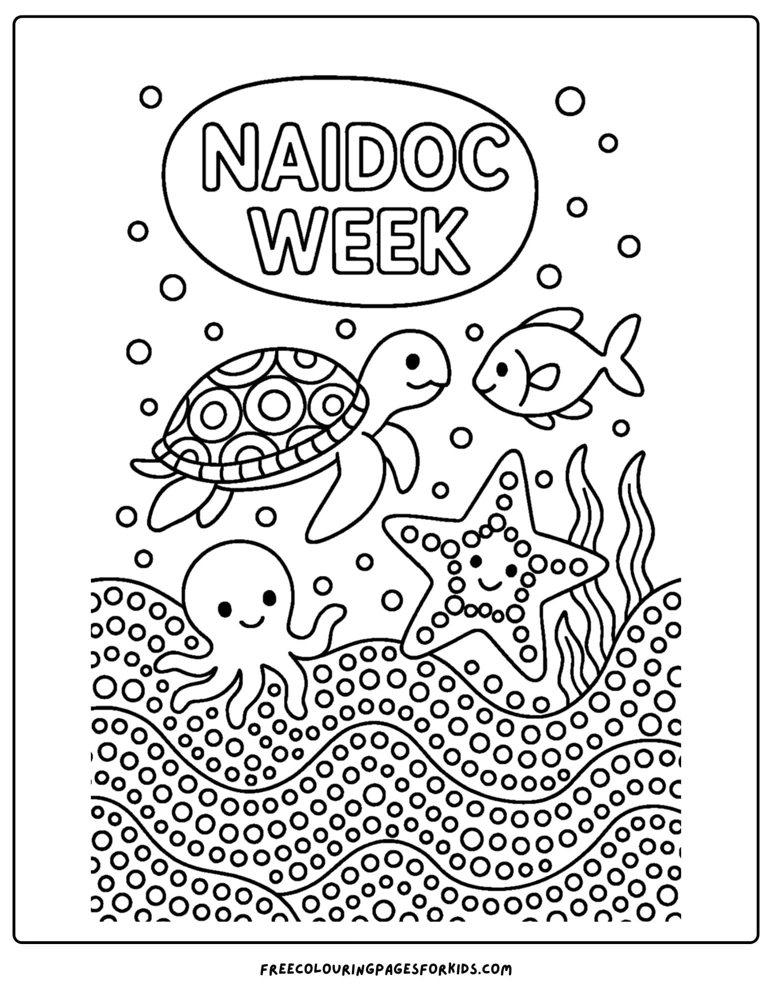 a naidoc week coloring page featuring underwater animals