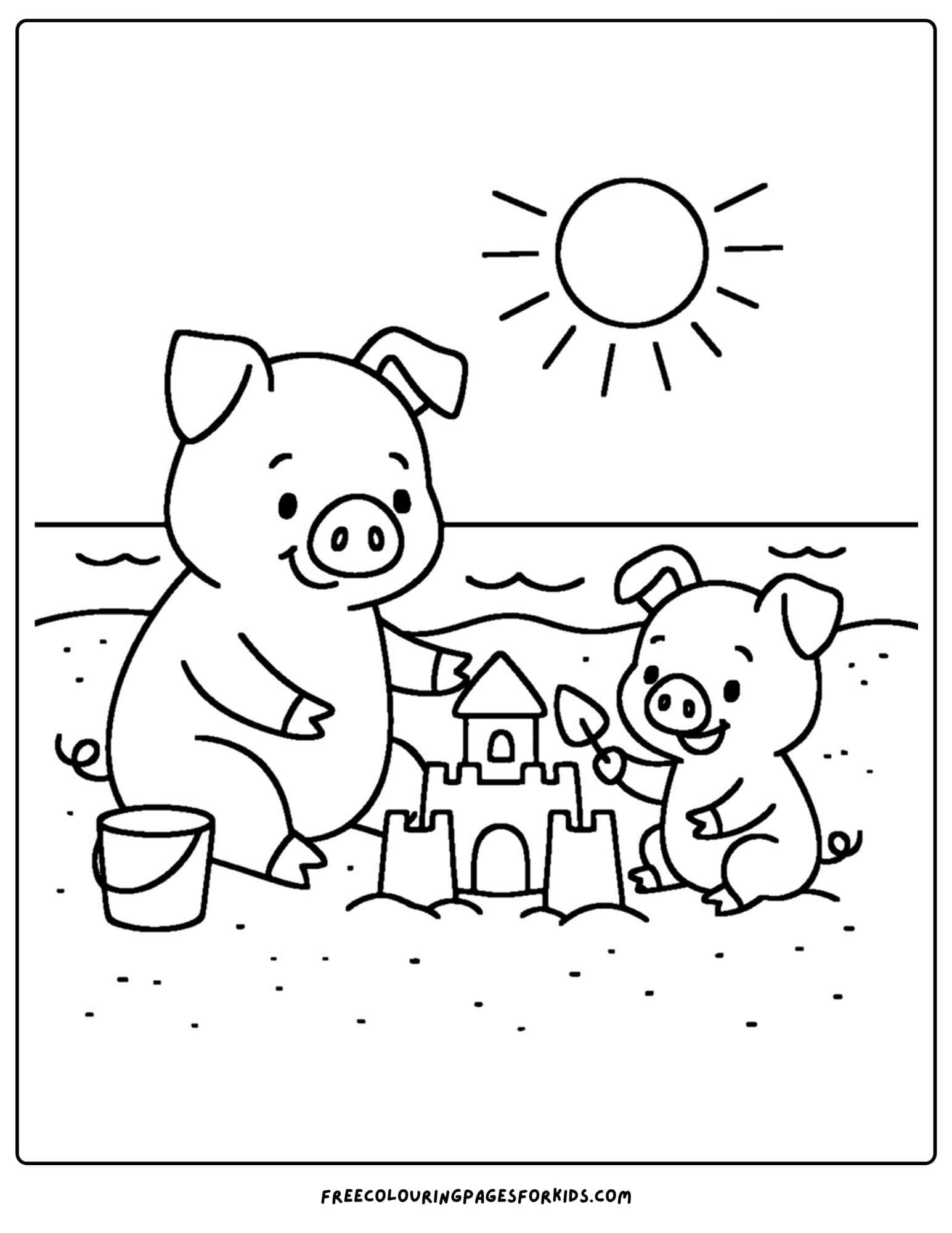 pigs making a sandcastle at the beach