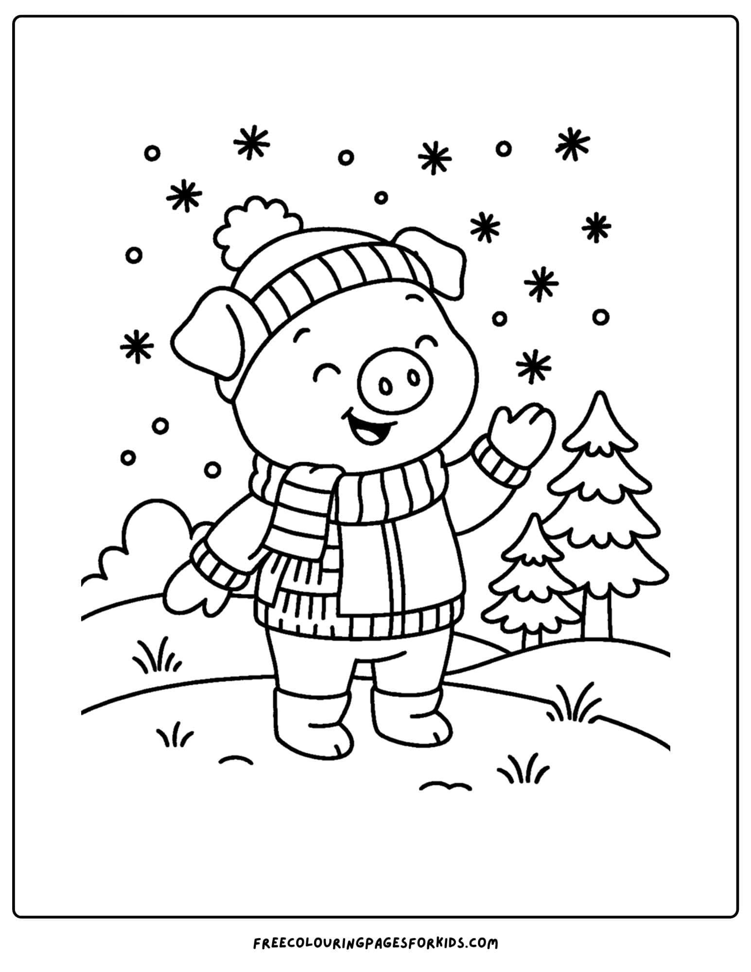 a pig catching snowflakes