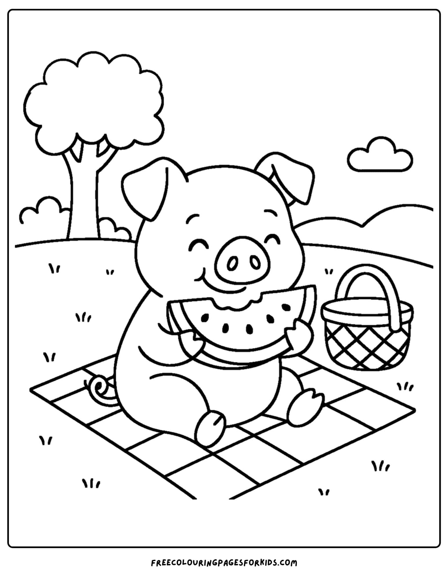 a pig eating a watermelon at a picnic