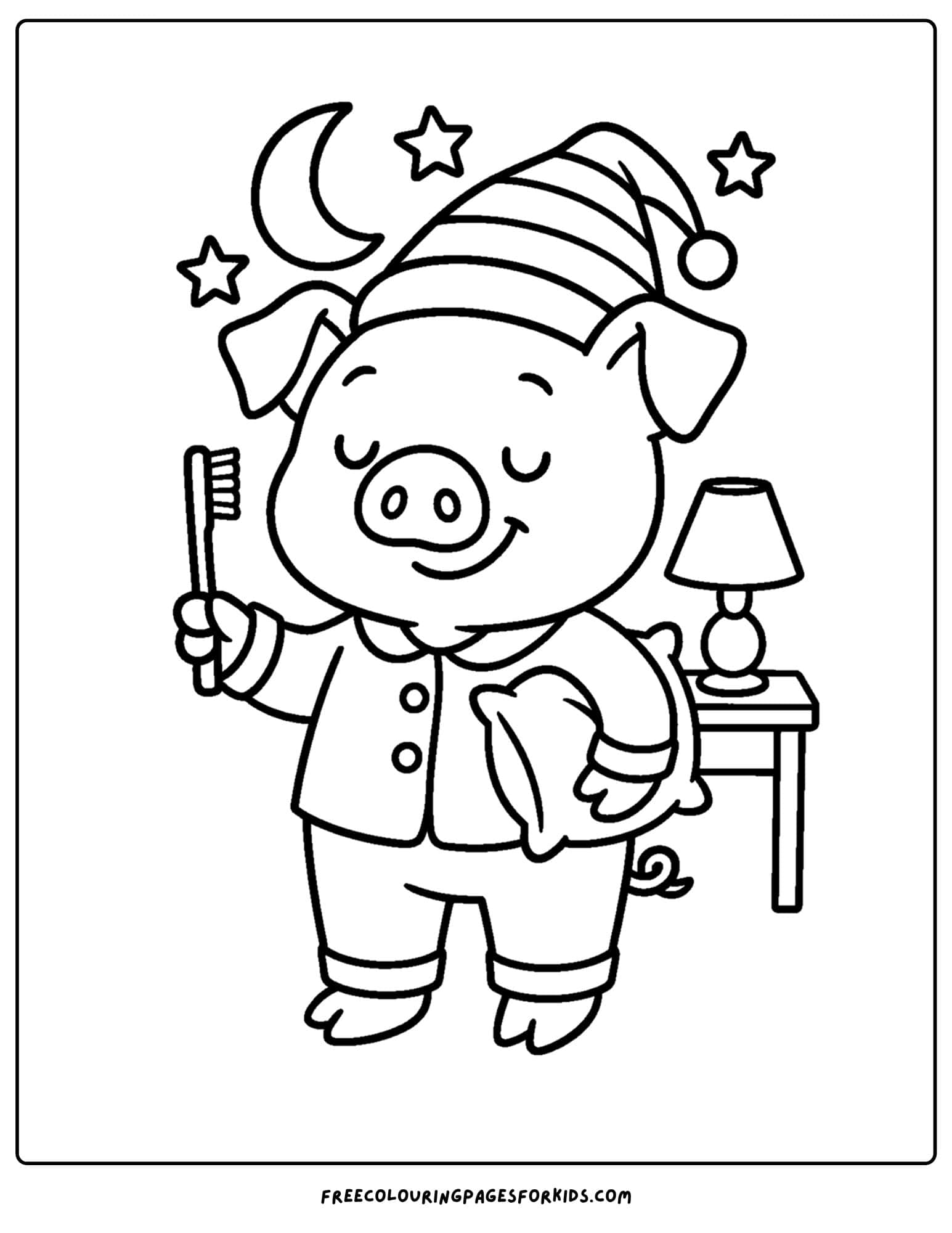 a pig getting ready for bed