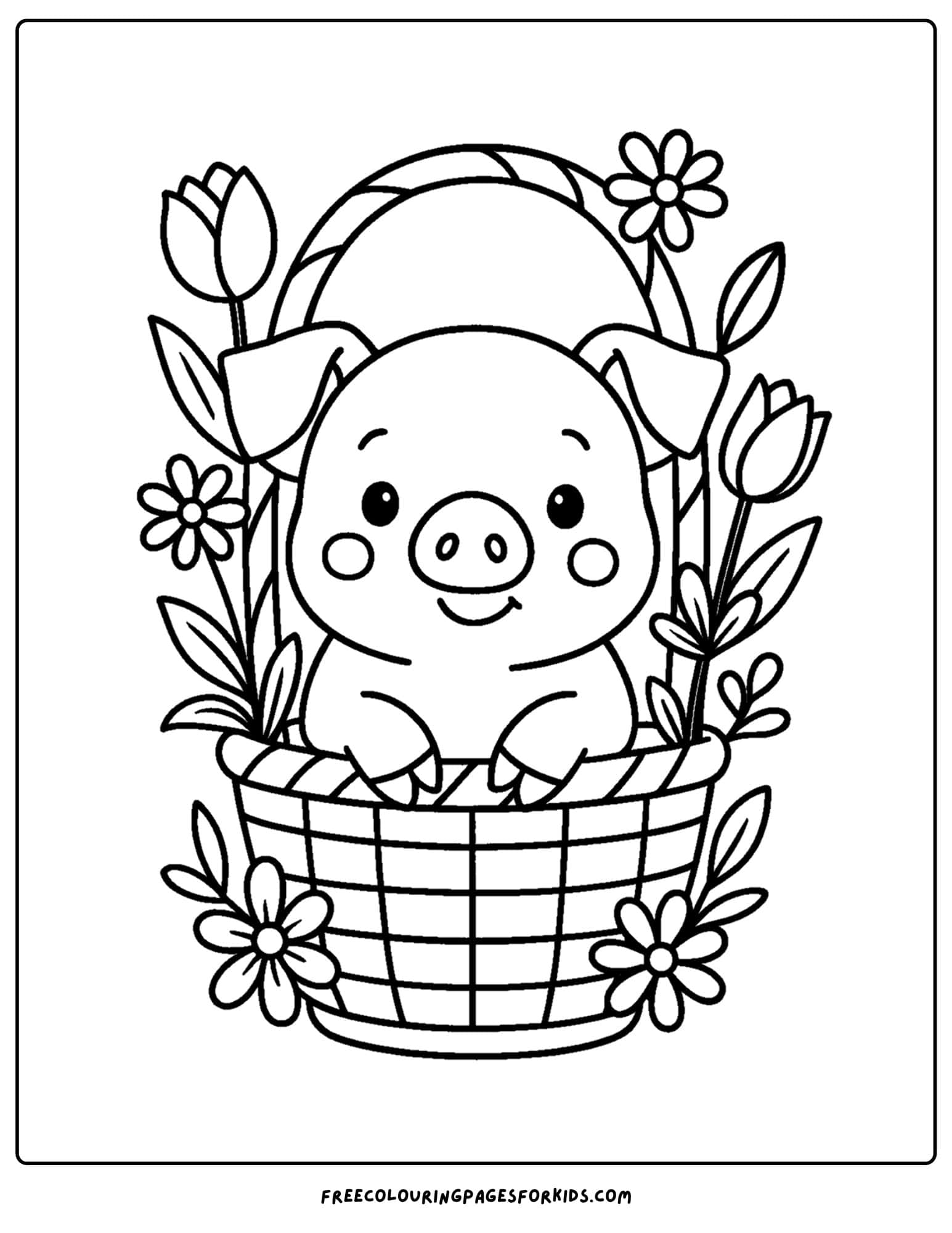 a pig in a basket with flowers